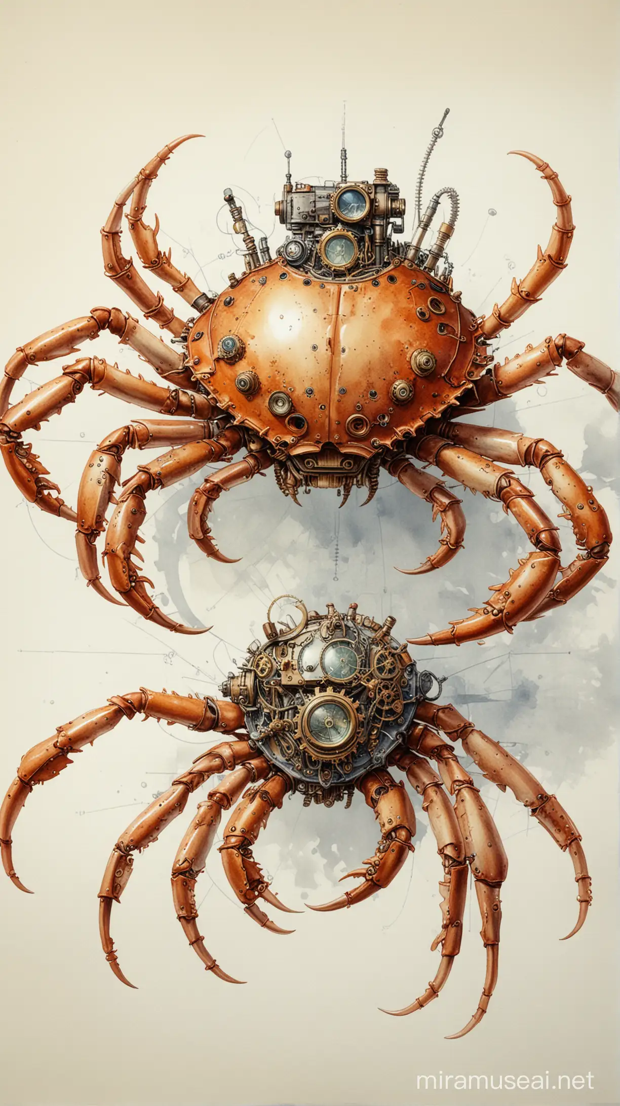 Imagine un dessin technique précis crabe steampunk, avec tous les détails anatomiques soigneusement rendus; aquarelle
