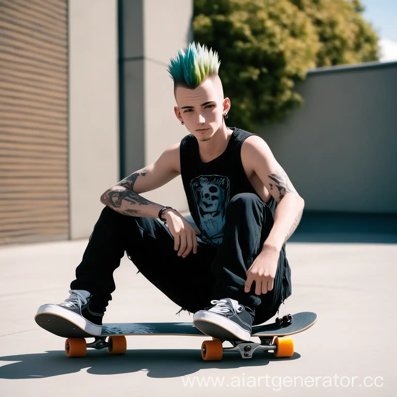 Young-Man-with-Mohawk-Sitting-on-Skateboard