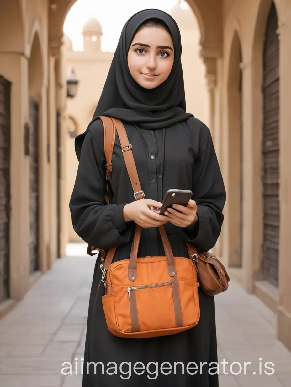 A 20 year old woman wearing black Muslim clothes and an orange alma mater. standing while holding a cellphone, using a brown side bag.