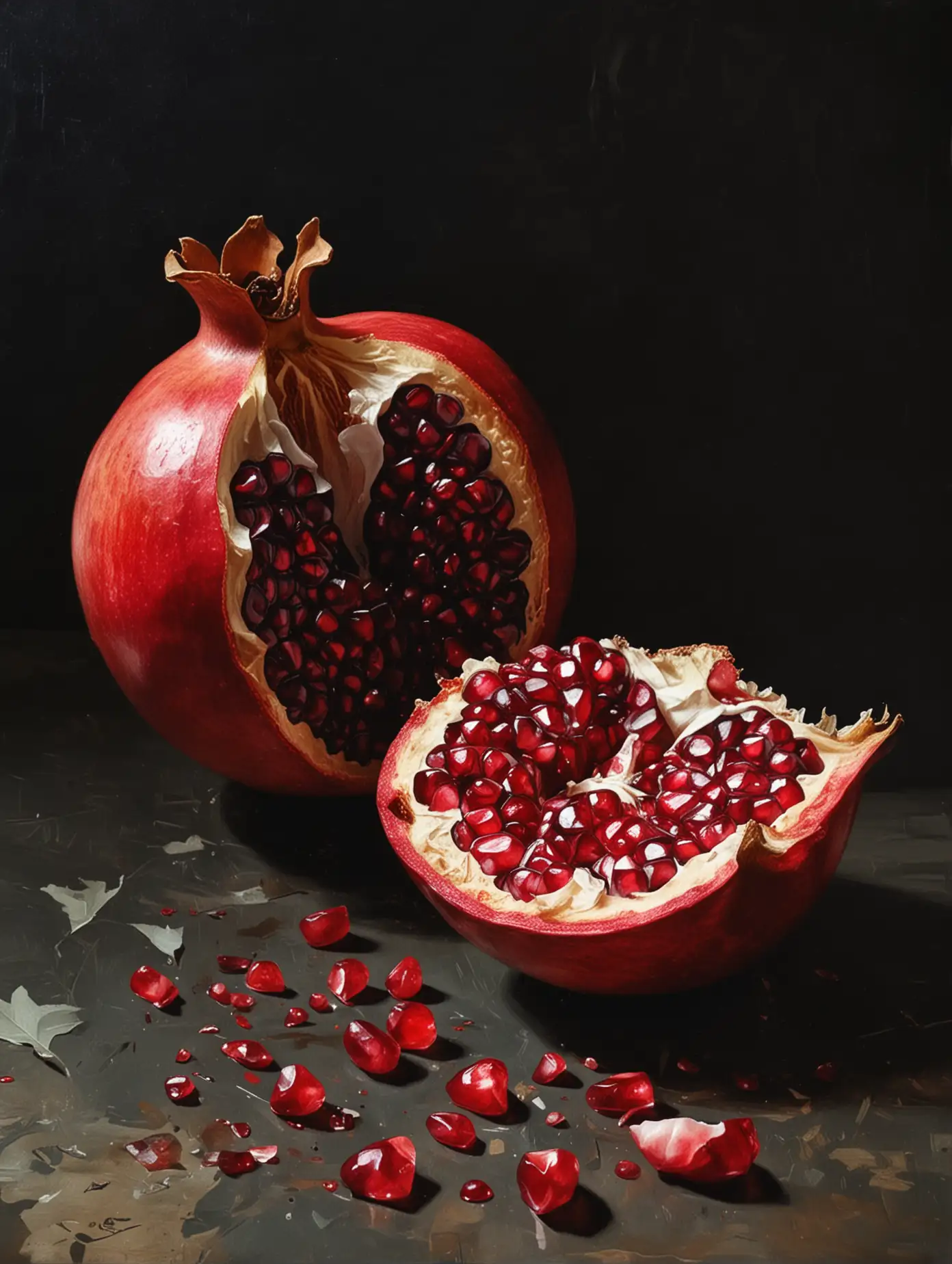 STILL LIFE PAINTING WITH POMEGRANATE TORN OPEN, WITH A DARK BACKGROUND