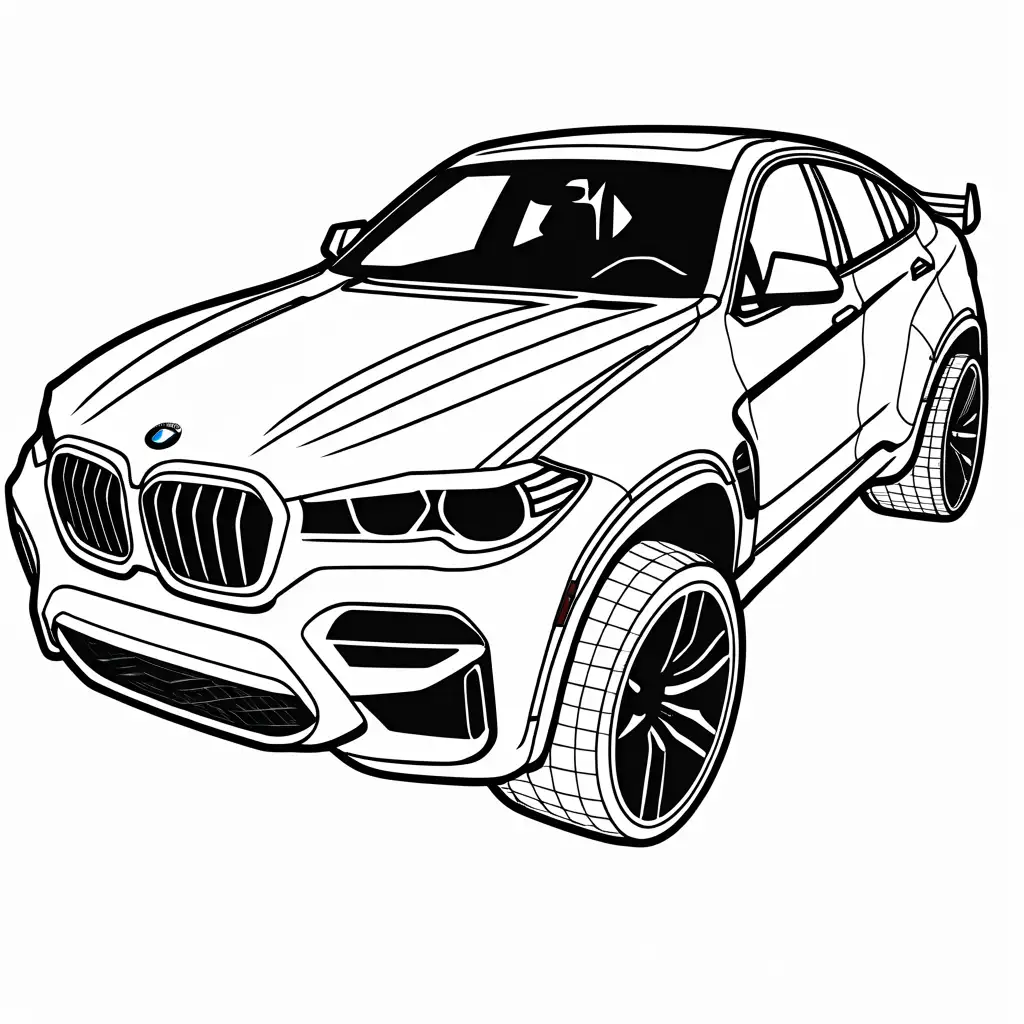a high quality modified and jacked up futuristic BMW X6 ready for racing coloring page, Coloring Page, black and white, line art, white background, Simplicity, Ample White Space. The background of the coloring page is plain white to make it easy for young children to color within the lines. The outlines of all the subjects are easy to distinguish, making it simple for kids to color without too much difficulty