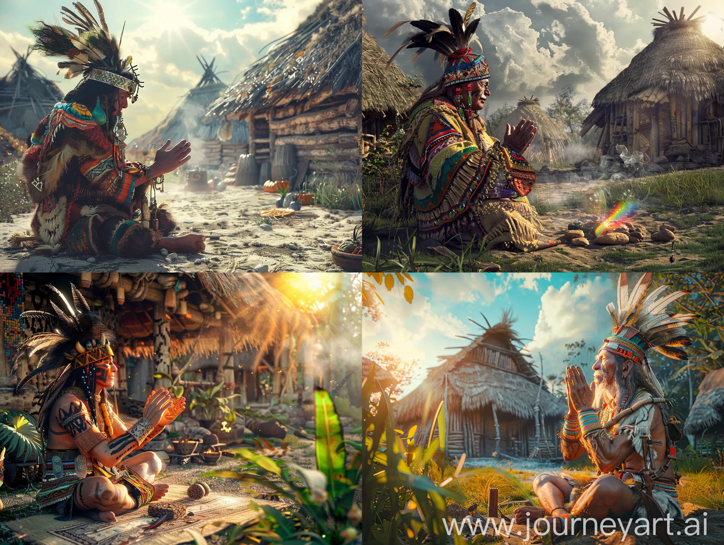 a kind and handsome altaic shaman is sitting in his traditional village in his full shamanic outfit, greeting the sun with a summer rite, photorealistic, HDR