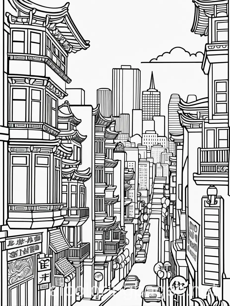 san francisco chinatown, Coloring Page, black and white, line art, white background, Simplicity, Ample White Space. The background of the coloring page is plain white to make it easy for young children to color within the lines. The outlines of all the subjects are easy to distinguish, making it simple for kids to color without too much difficulty