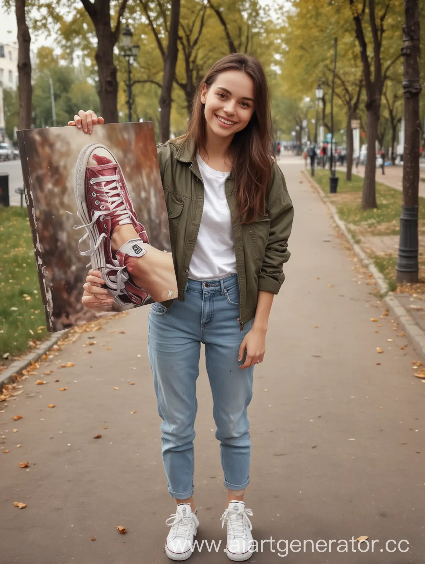 A happy, beautiful adult girl in sneakers holds in her hands a portrait on canvas measuring 50x70cm. Full-length. realistic. High definition. The exact drawing of the hands. High quality. on the street, in the park