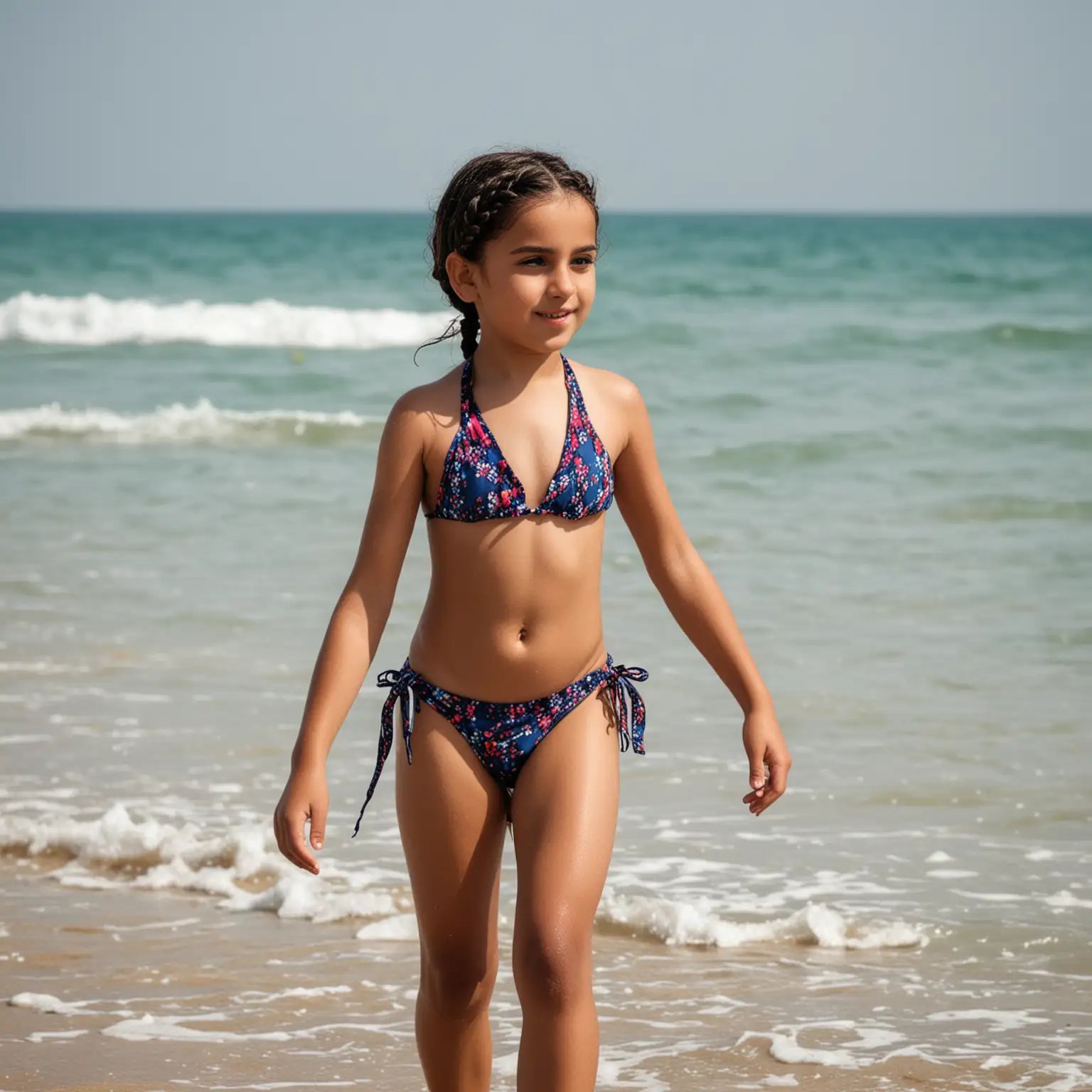 a 9-year-old arabic girl, walking on the beach, hair braided, wearing a bikini.