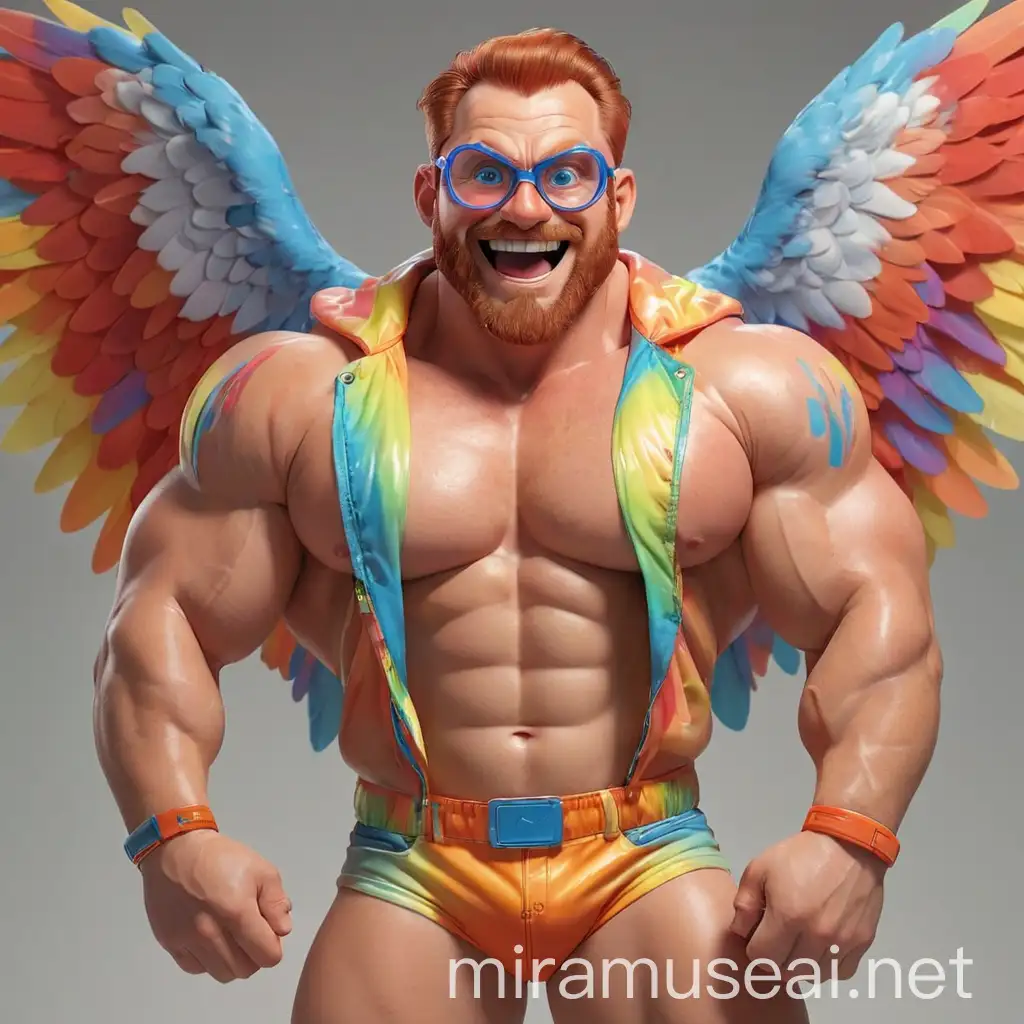 Studio Light Subtle Smile Topless 40s Ultra Beefy Red Head Bodybuilder Daddy Big Eyes with Beard Wearing Multi-Highlighter Bright Rainbow Colored See Through huge Eagle Wings Shoulder Jacket short shorts and Flexing his Big Strong Arm Up with Doraemon Goggles on forehead
