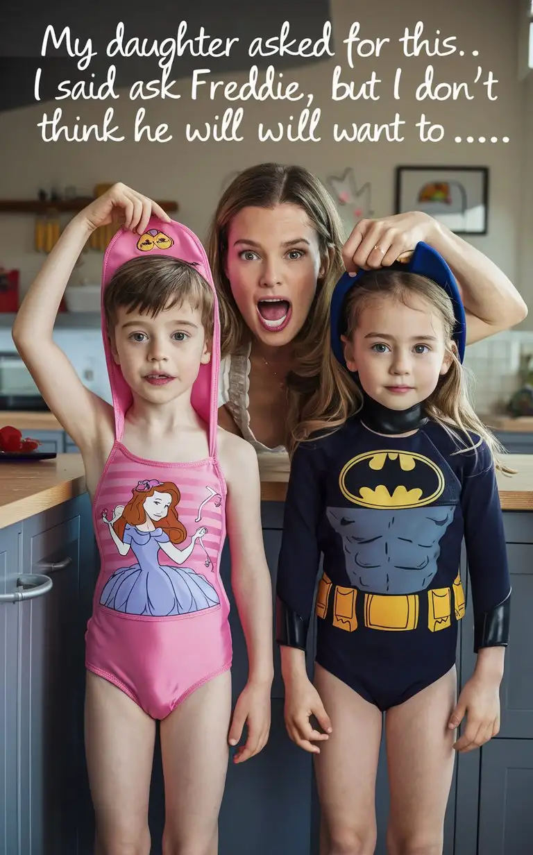 Gender role-reversal, Photograph of a mother dressing her young son, a pretty little boy age 8, up in a stretchy Belle Princess one-piece swimsuit, and she is dressing her young daughter, a little girl age 7, up in a Batman surfer wetsuit, in a kitchen for fun to keep the kids entertained, adorable, perfect children faces, perfect faces, clear faces, perfect eyes, perfect noses, smooth skin, the photograph is captioned “my daughter asked for this. I said ask Freddie but I don’t think he will want to…”