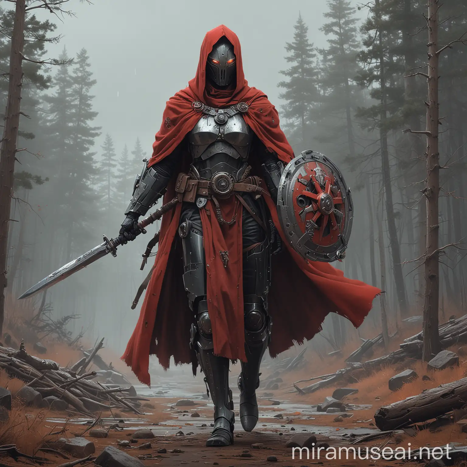 Medieval Robot Engineer Architect with Sword and Shield Concept Art