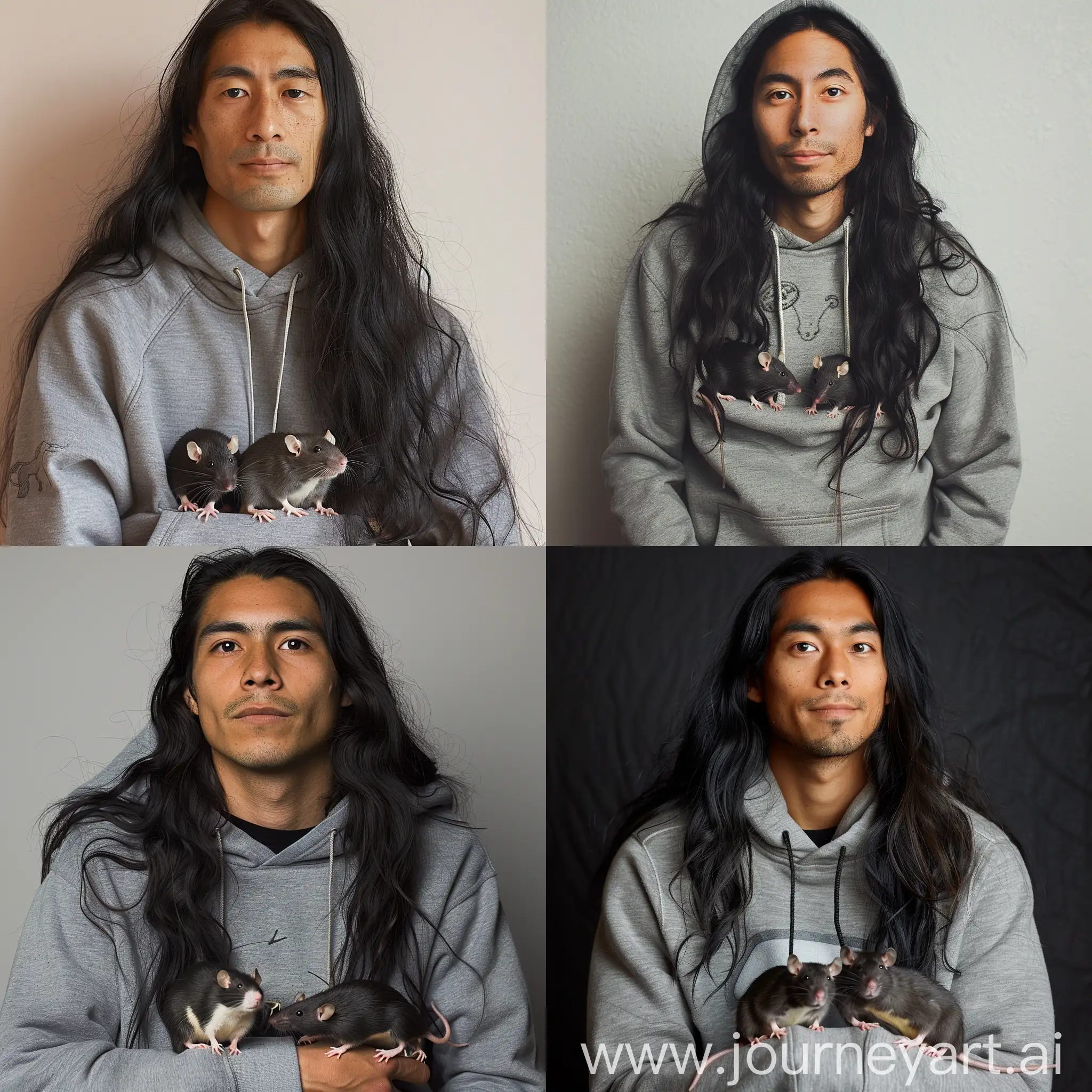 A man with long black hair, wearing a gray hoodie, with 2 rats sitting on it