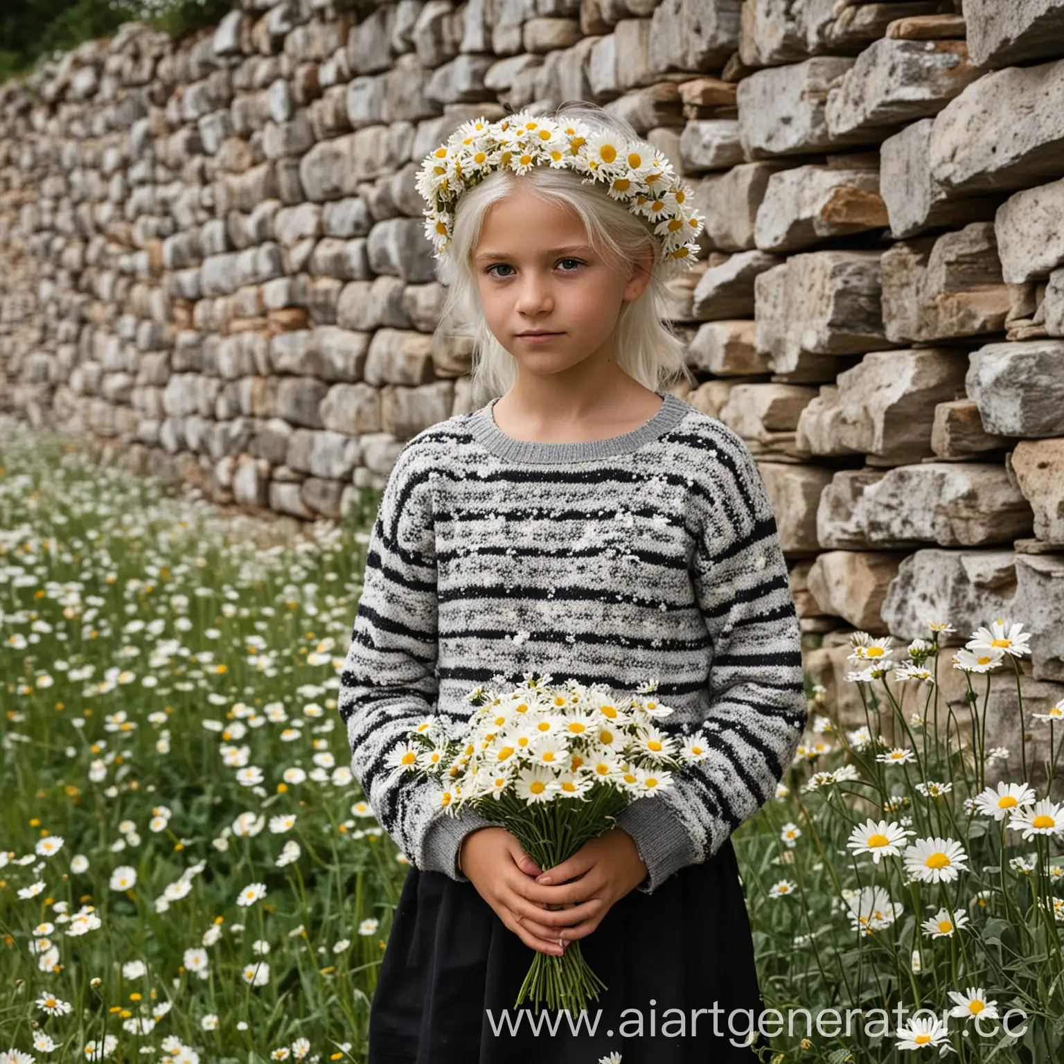 Девочка лет 12 с белыми волосами стоит в ромашковом поле около каменной стены, сжимая в руке букет ромашек, глаза серые, на девочке полосатая вязанная кофта, черная юбка, на голове ободок