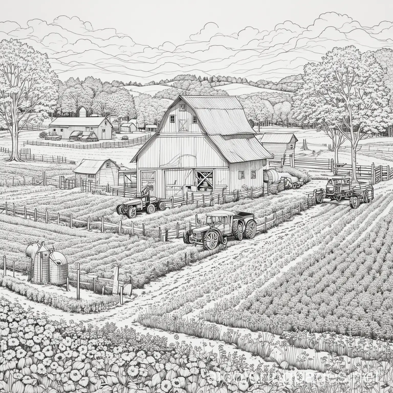 Pegorsch Farm's, Coloring Page, black and white, line art, white background, Simplicity, Ample White Space