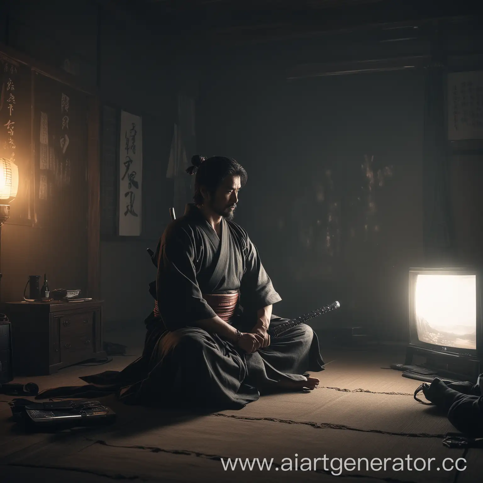 Нарисуй самурая который сидит в позе лотоса у него на коленях лежит катана и он смотрит телевизор в тёмном помещении и свет телевизора освещает его изображение должно быть максимально детализированно удели особое внимание деталям