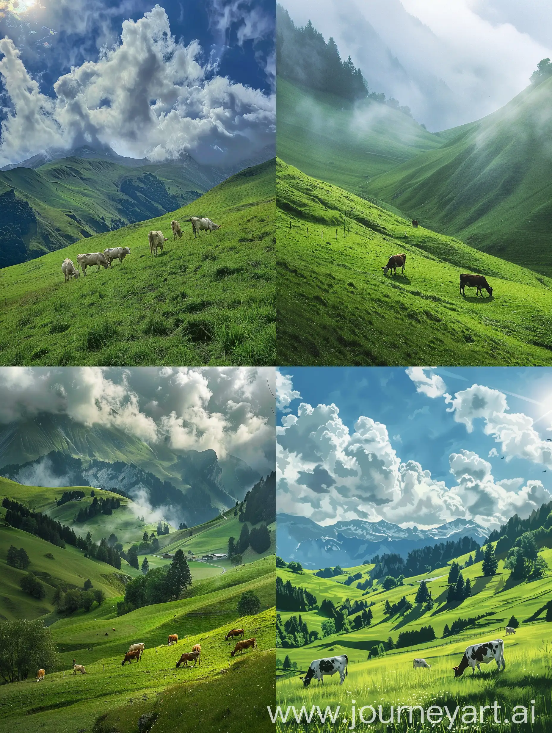 Switzerland Nature scene,hilly slopes,greenery beautiful fluffy sky,cows are eating grass,peaceful,professionally captured view,fresh air feel,beautiful small grass.