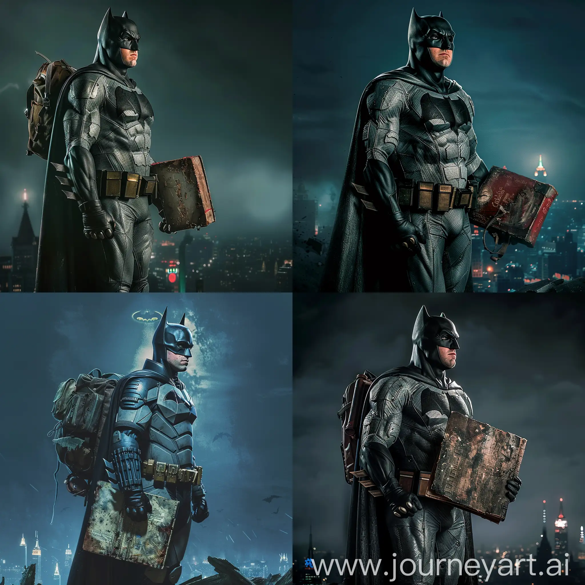 a striking cinematic portrait of Batman standing in Gotham City at night. He stands tall and confident, dressed in his iconic Batsuit, but with a twist: he's also wearing a high-school backpack slung over one shoulder. As he gazes off into the distance, he holds an old, weathered book in one hand, hinting at his intellect and depth beyond his superhero persona. The background should subtly showcase Gotham's skyline, with the Bat-Signal casting a faint glow in the sky. The overall atmosphere should capture the juxtaposition of Batman's dual identities as both a vigilante and a studious, thoughtful individual --no mask