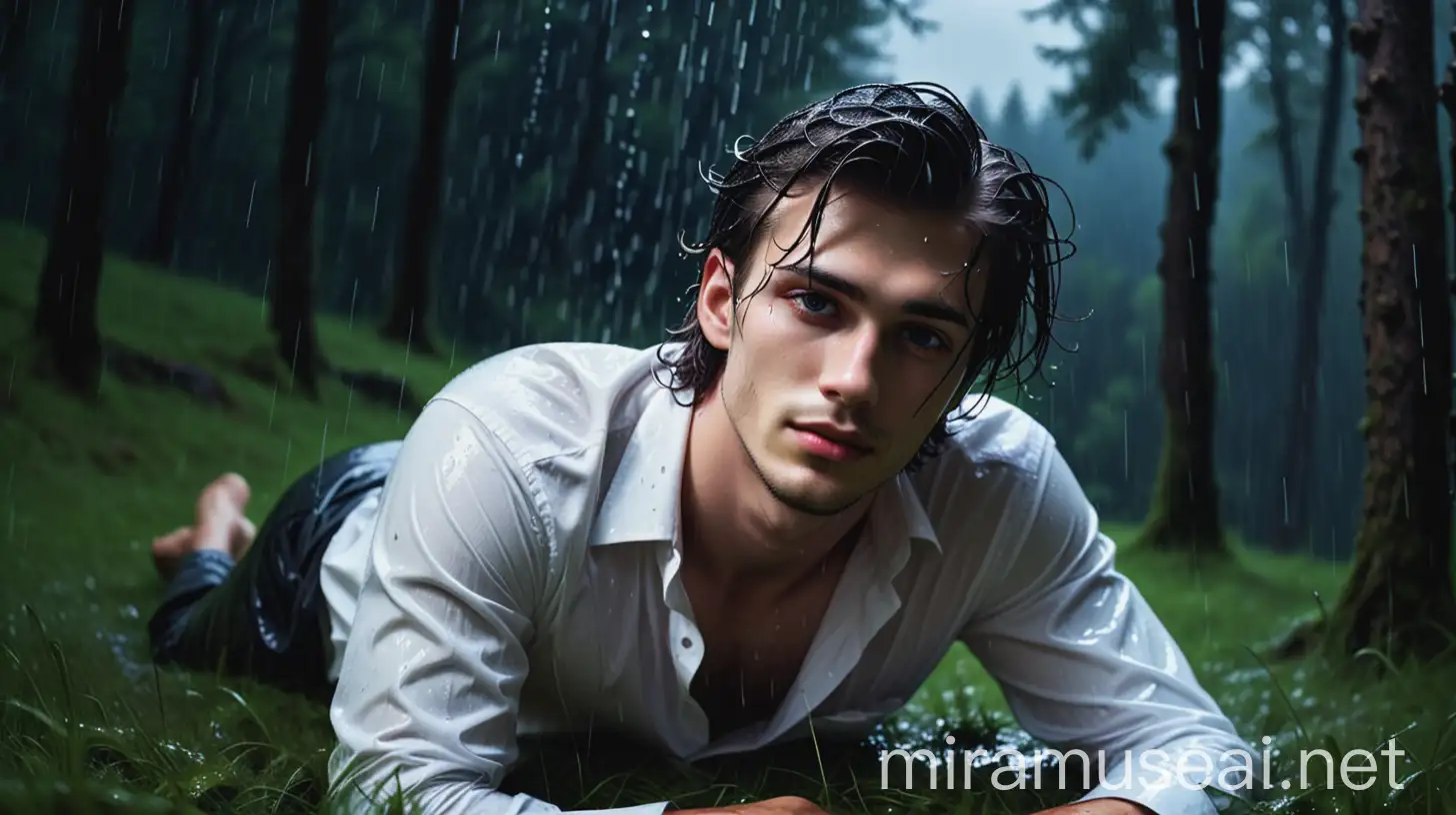 Un beau jeune homme vêtu d'une chemise blanche ouverte, cheveux mouillés est couché dans l'herbe d'une forêt noire. Il pleut. Le sujet est éclairé par un rayon de lune.