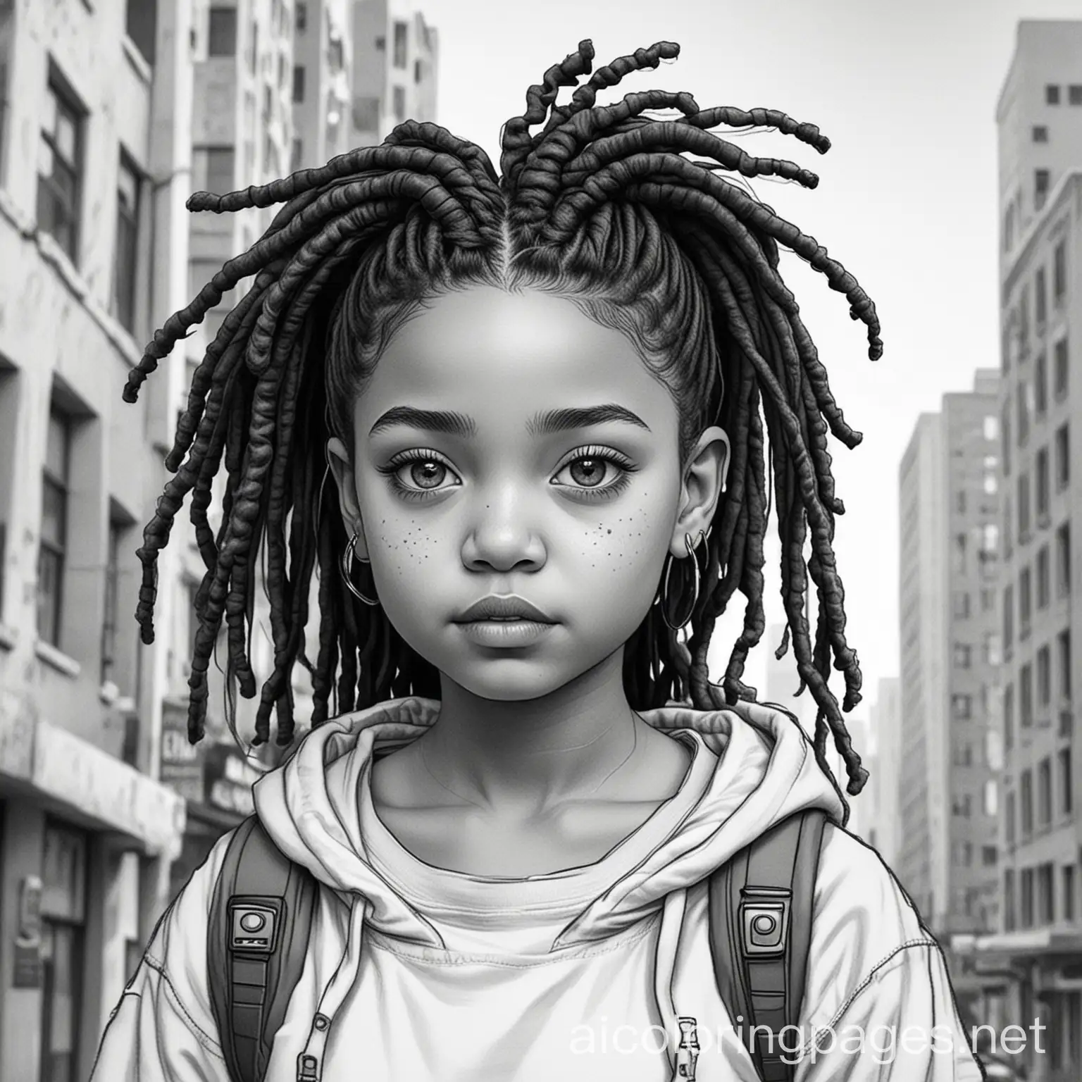 A black female with thin dreadlocks, semi thick eyebrows, face is a little fat, brown eyes, a baby face, she could past for being in her 20's, standing alone in a dystopian city,black and white only, coloring page, no gray shading, bold black outlines, no colors, Coloring Page, black and white, line art, white background, Simplicity, Ample White Space. The background of the coloring page is plain white to make it easy for young children to color within the lines. The outlines of all the subjects are easy to distinguish, making it simple for kids to color without too much difficulty