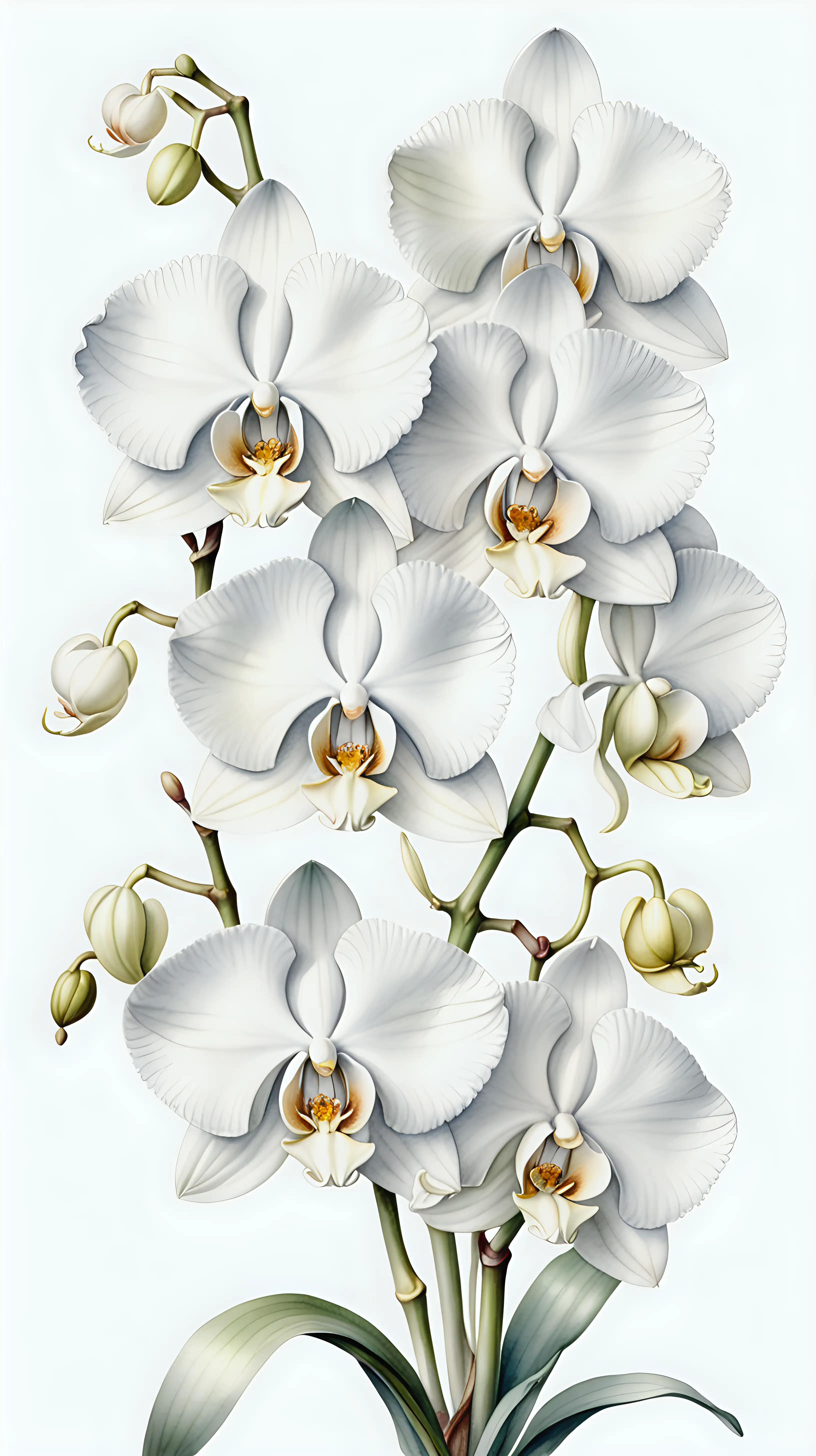 botanical style watercolor painting of all white lush orchids, in the style of Pierre-Joseph Redouté on a solid white background