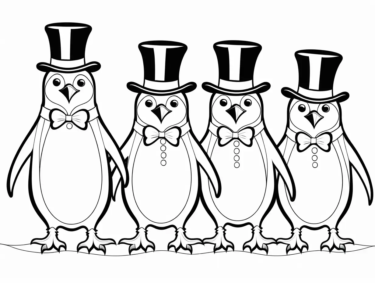 3 tap dancing penguins, one with a top-hat, one with fancy tap shoes and one with a cane, Coloring Page, black and white, line art, white background, Simplicity, Ample White Space. The background of the coloring page is plain white to make it easy for young children to color within the lines. The outlines of all the subjects are easy to distinguish, making it simple for kids to color without too much difficulty
