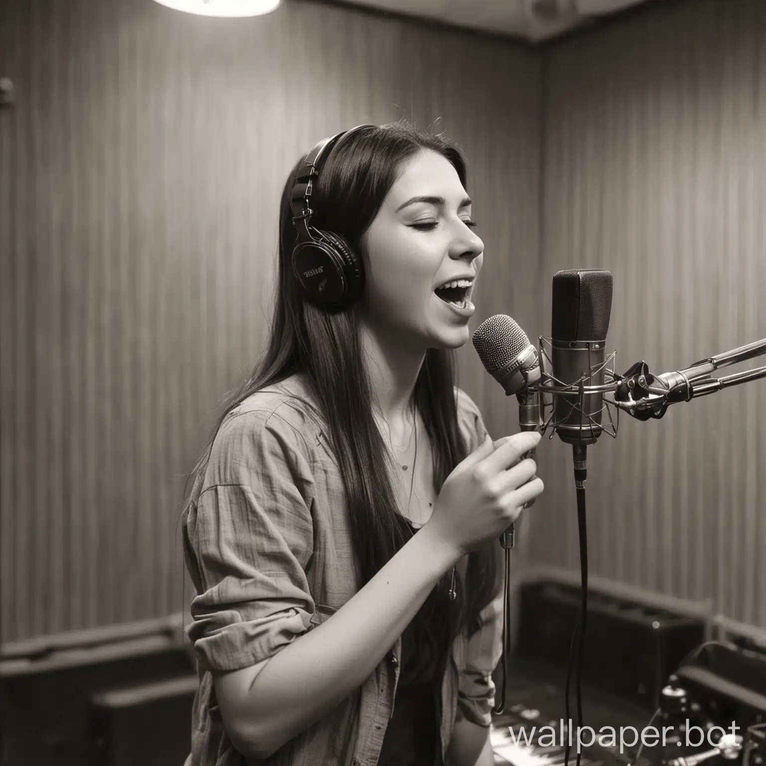 girl aged 26 singing in a recording studio