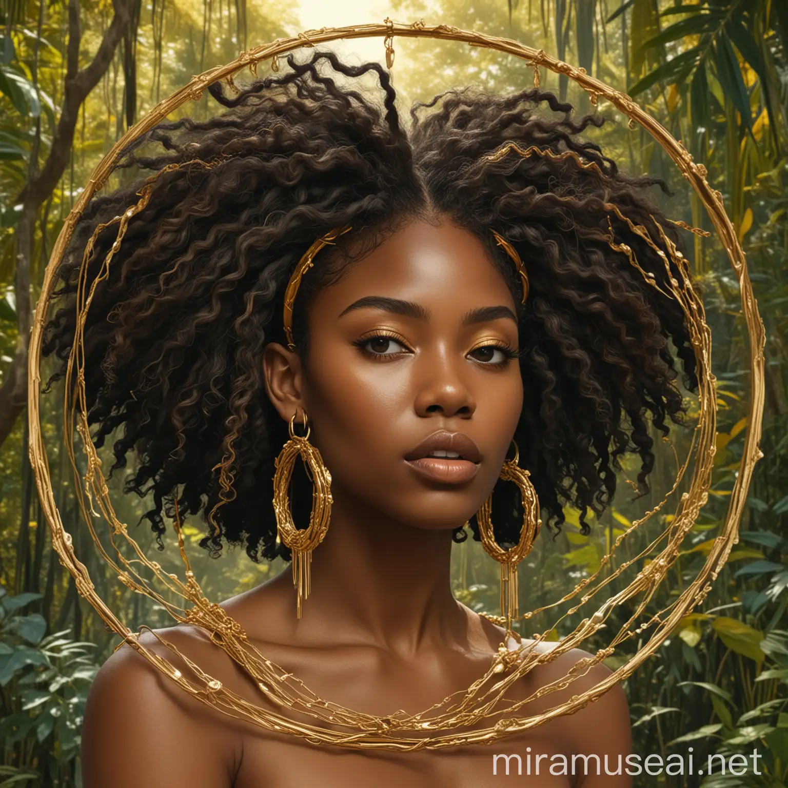 Empowered Black Woman with Golden Adornments Standing Proud in Jungle Breeze