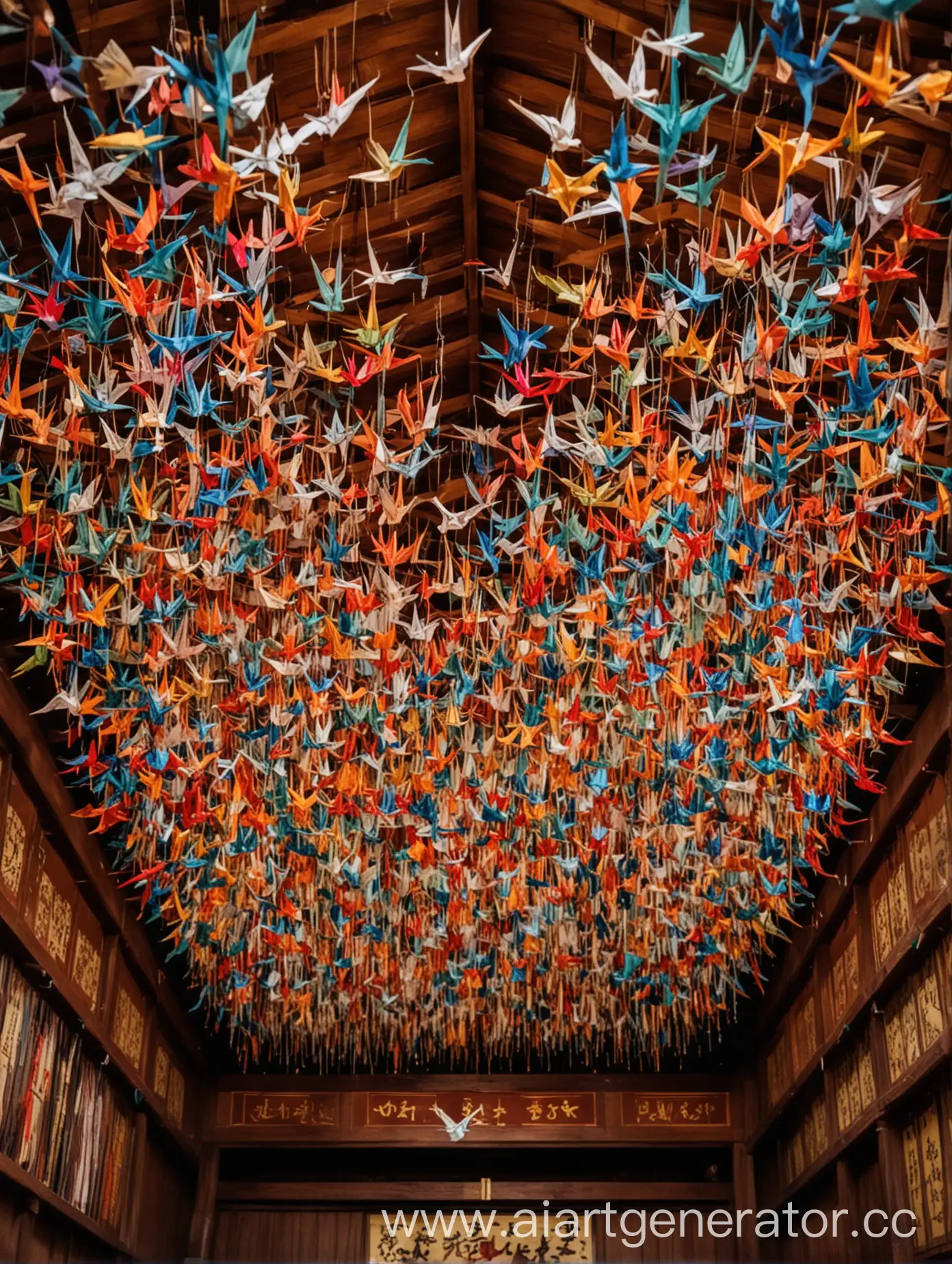Japanese-Temple-Ceiling-Adorned-with-Colorful-Paper-Cranes