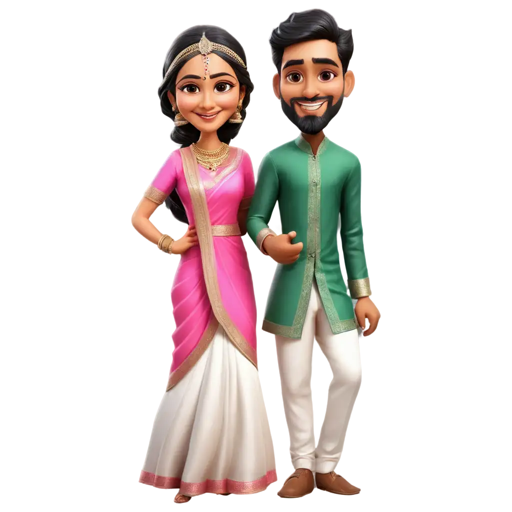 Exquisite-South-Indian-Wedding-Caricature-in-Pinkish-Attire-Bride-in-Saree-and-Groom-in-Lungi-HighQuality-PNG-Image