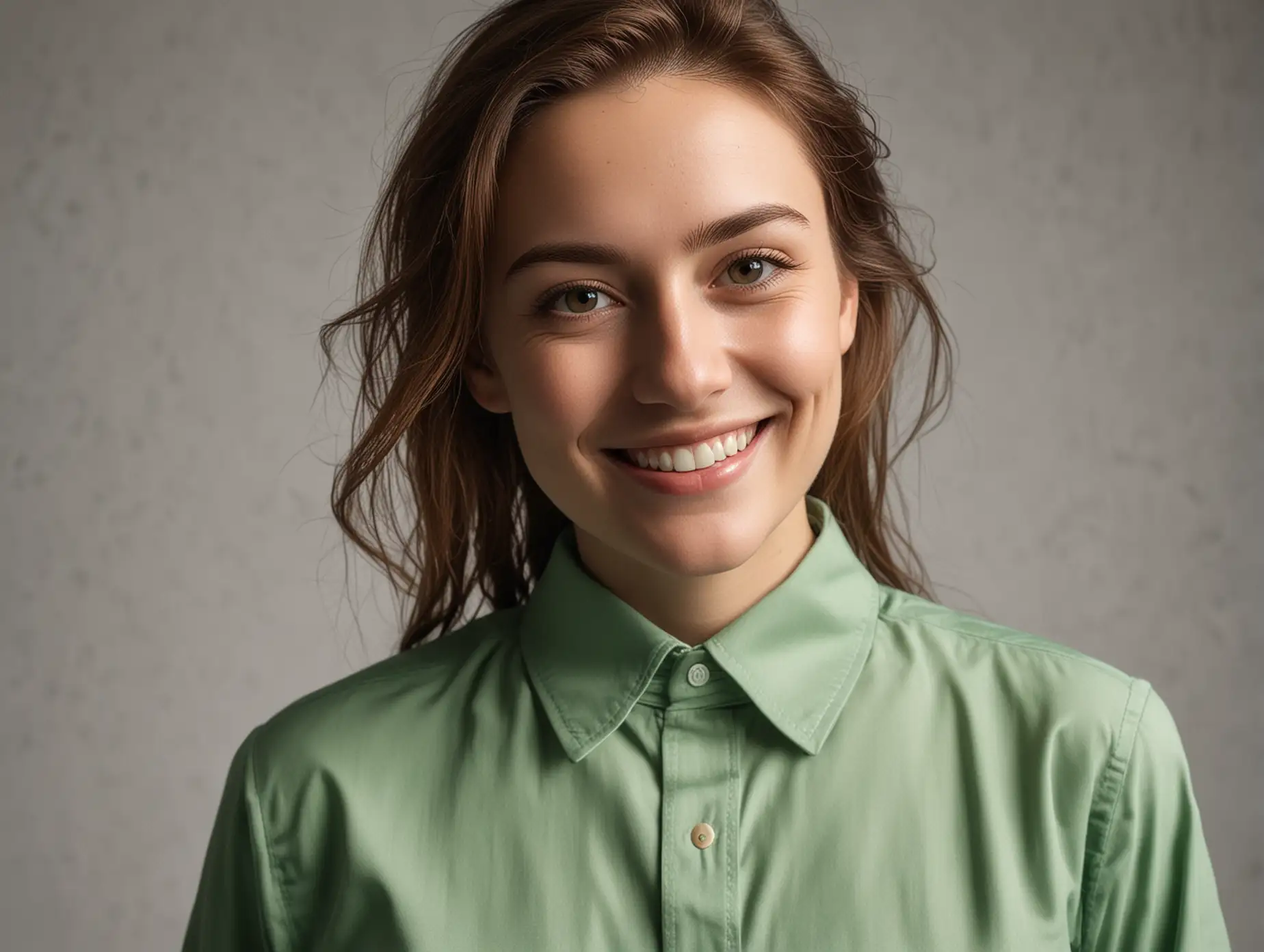 Portrait of a Modern Smiling Individual in a Fine Green Porcelain Shirt