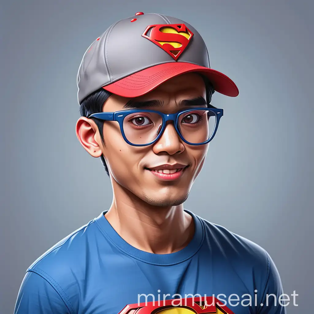 
4d caricature of 25 years old Indonesian man wearing grey and red baseball cap superman logo - glasses and blue plain t-shirt