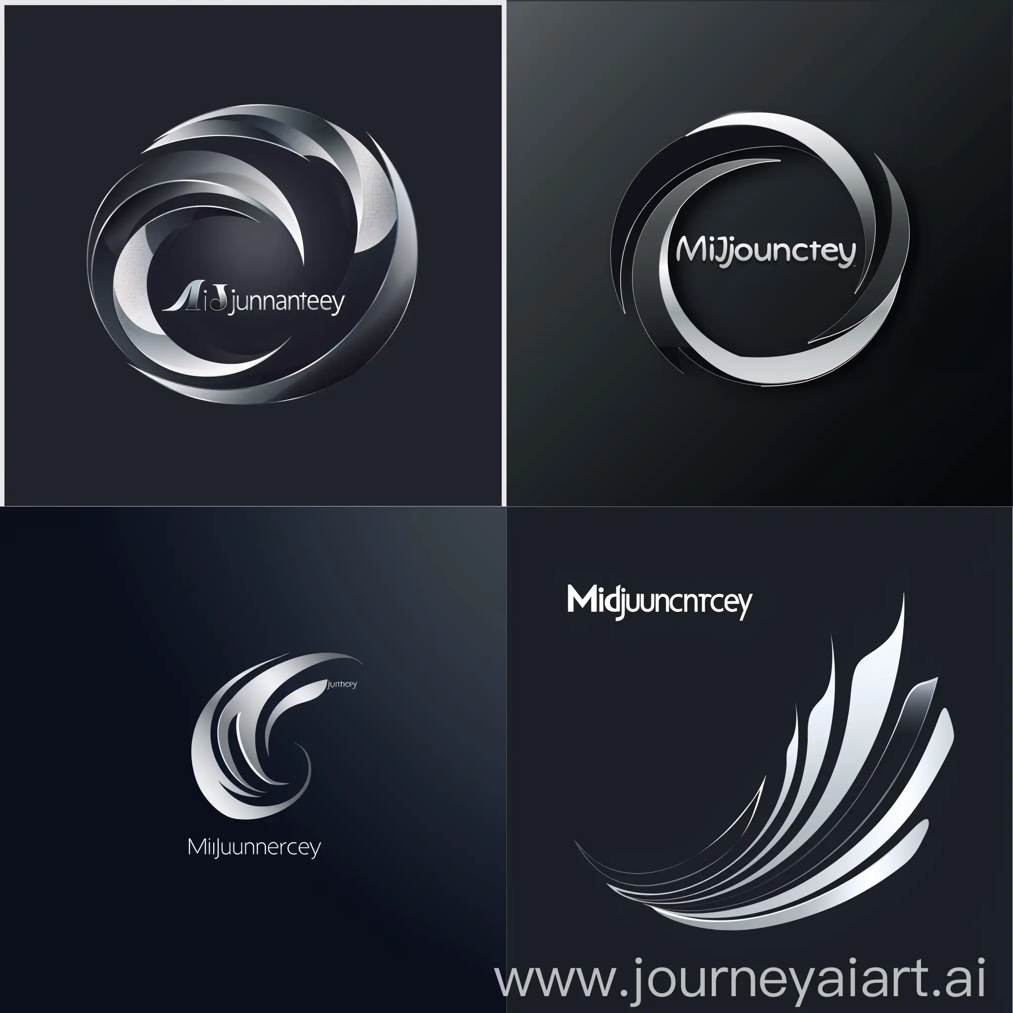 A sleek abstract MidJourney logo for a fintech company, featuring dynamic curves and a metallic silver finish.