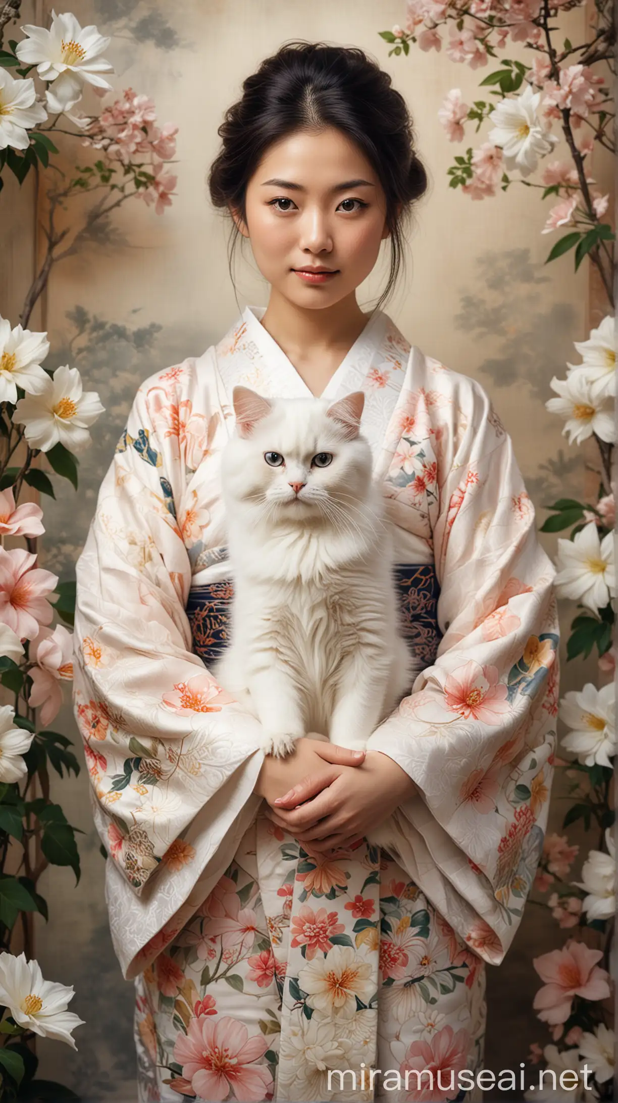Potret seorang wanita muda Jepang cantik yang mengenakan kimono berornamen, menggendong seekor kucing
Persia putih. Pemandangan ini diatur dengan latar belakang pola bunga yang halus, dibuat menggunakan kombinasi fotografi dan teknik eksposur ganda. Ekspresi tenang wanita dan mata kucing yang tajam menciptakan rasa keindahan yang halus dan persahabatan yang tenang. Detail kimono yang rumit serta warna lembut dan hangat meningkatkan keanggunan gambar secara keseluruhan, realistis ultra HDR extreme