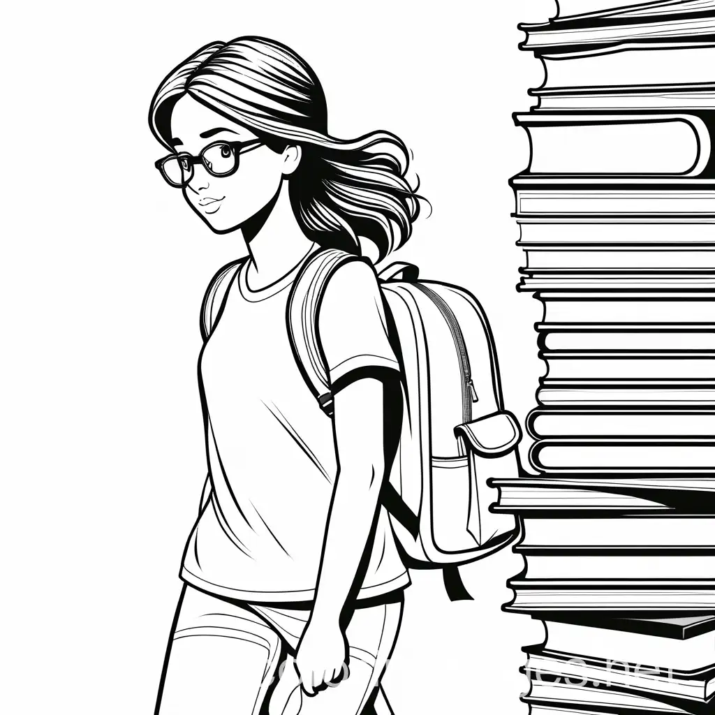 Cute-Nerdy-Girl-with-Books-and-Backpack-Coloring-Page