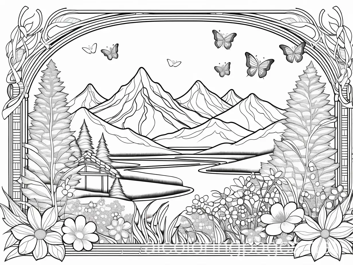 A magic Basket that holds wildflowers, trees, forests and mountains, with butterflies flying above the basket, Coloring Page, black and white, line art, white background, Simplicity, Ample White Space. The background of the coloring page is plain white to make it easy for young children to color within the lines. The outlines of all the subjects are easy to distinguish, making it simple for kids to color without too much difficulty