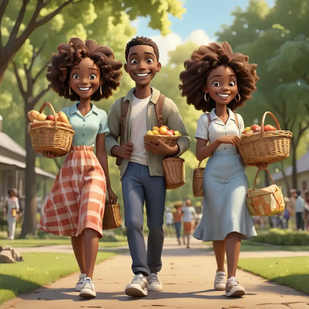 defined 3D Cartoon-style African Americans walking to the park with picnic baskets smiling
