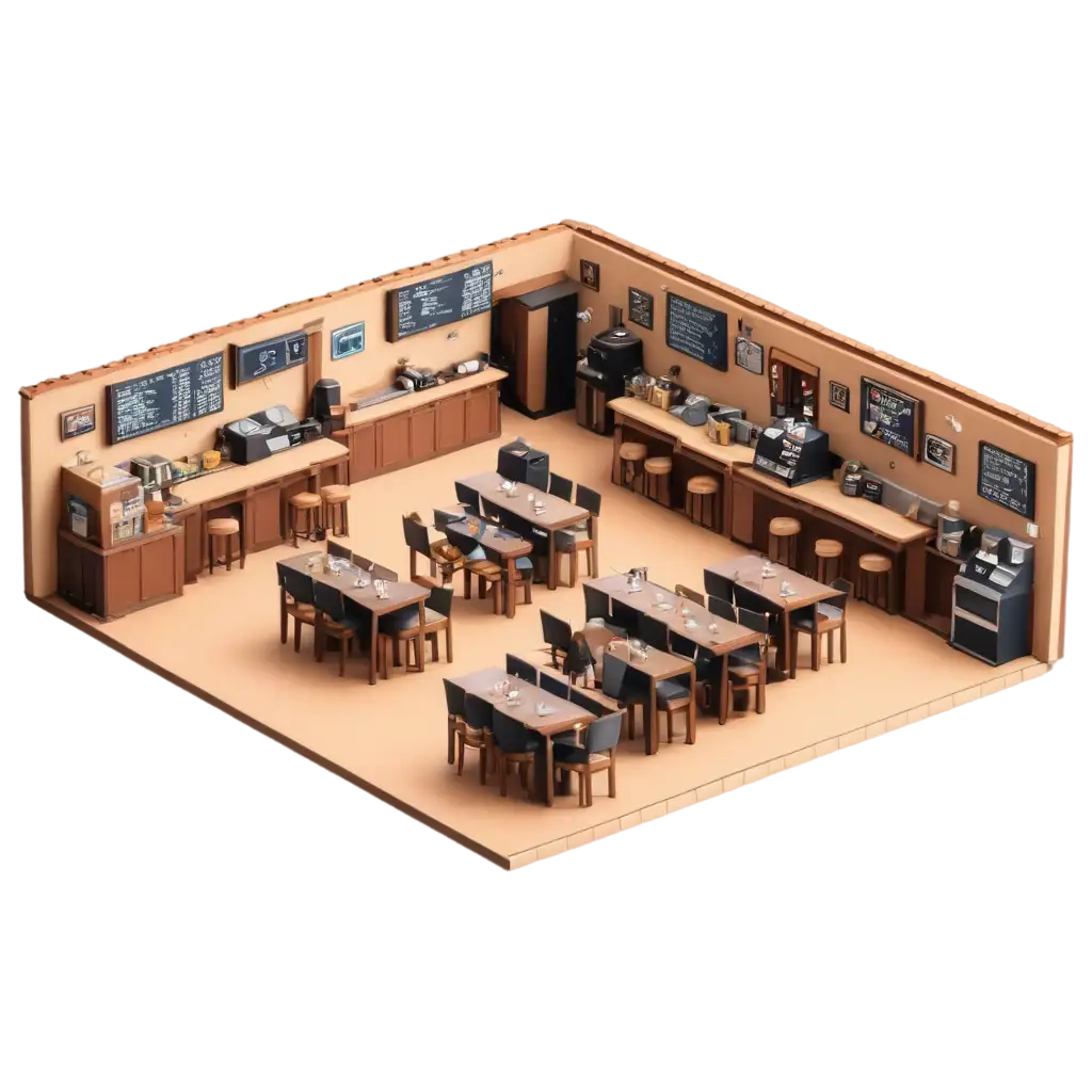A overview of inside a coffee shop similar too modern day Starbucks, all in a 8-bit Pixel. At a slanted angel in a bird eye view