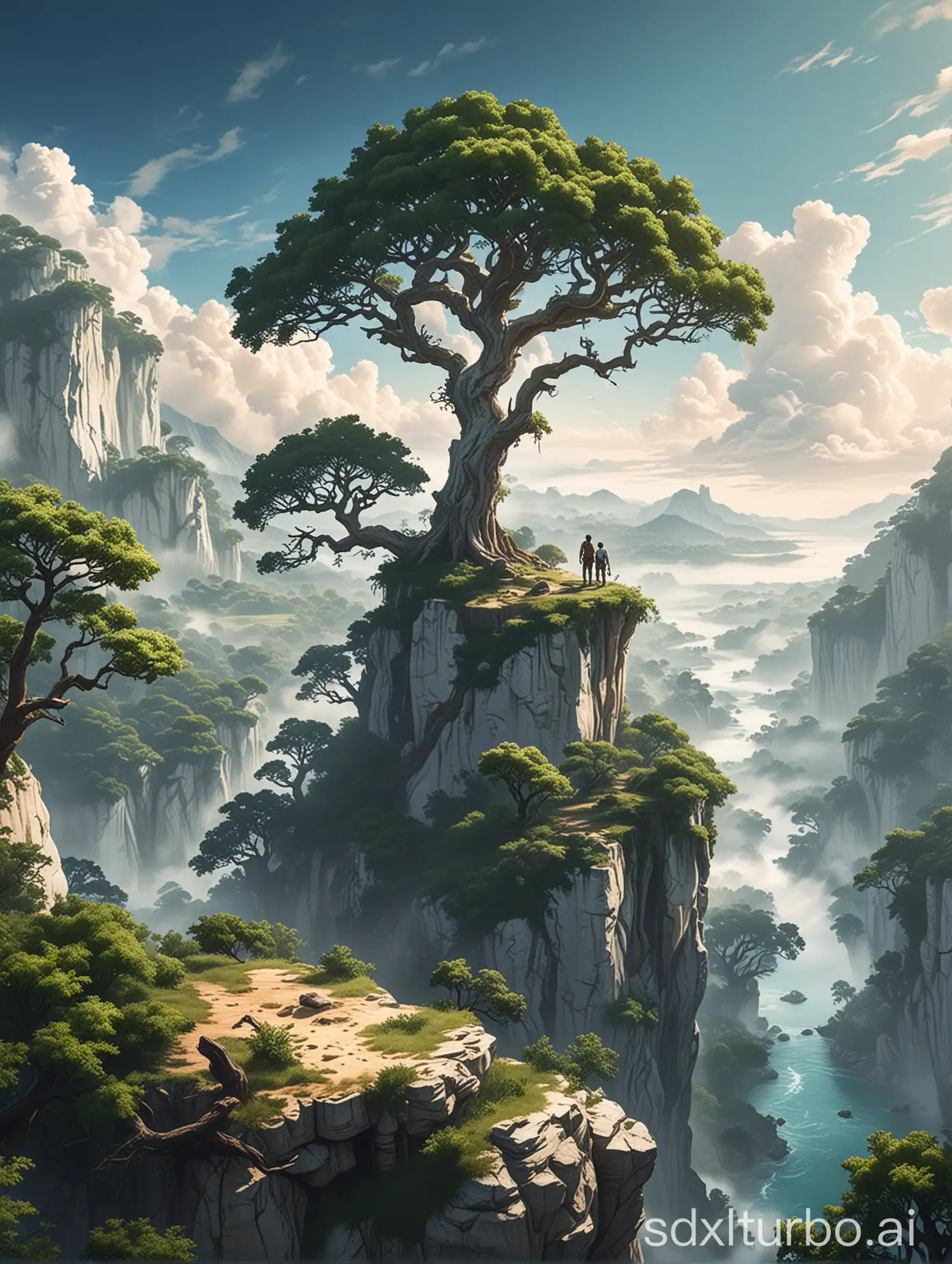 Uncharted game art style, a towering white cliff, on top is a huge Oak tree,far below is river covered by fog, ed anime style of fluffy white clouds,wide angle,vibrant