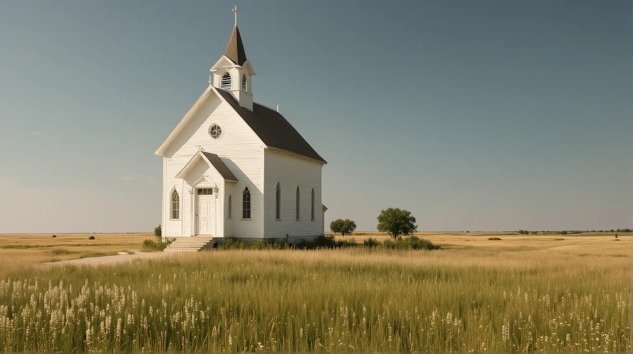 1880s White Church on Prairie with Front Doors in Summertime