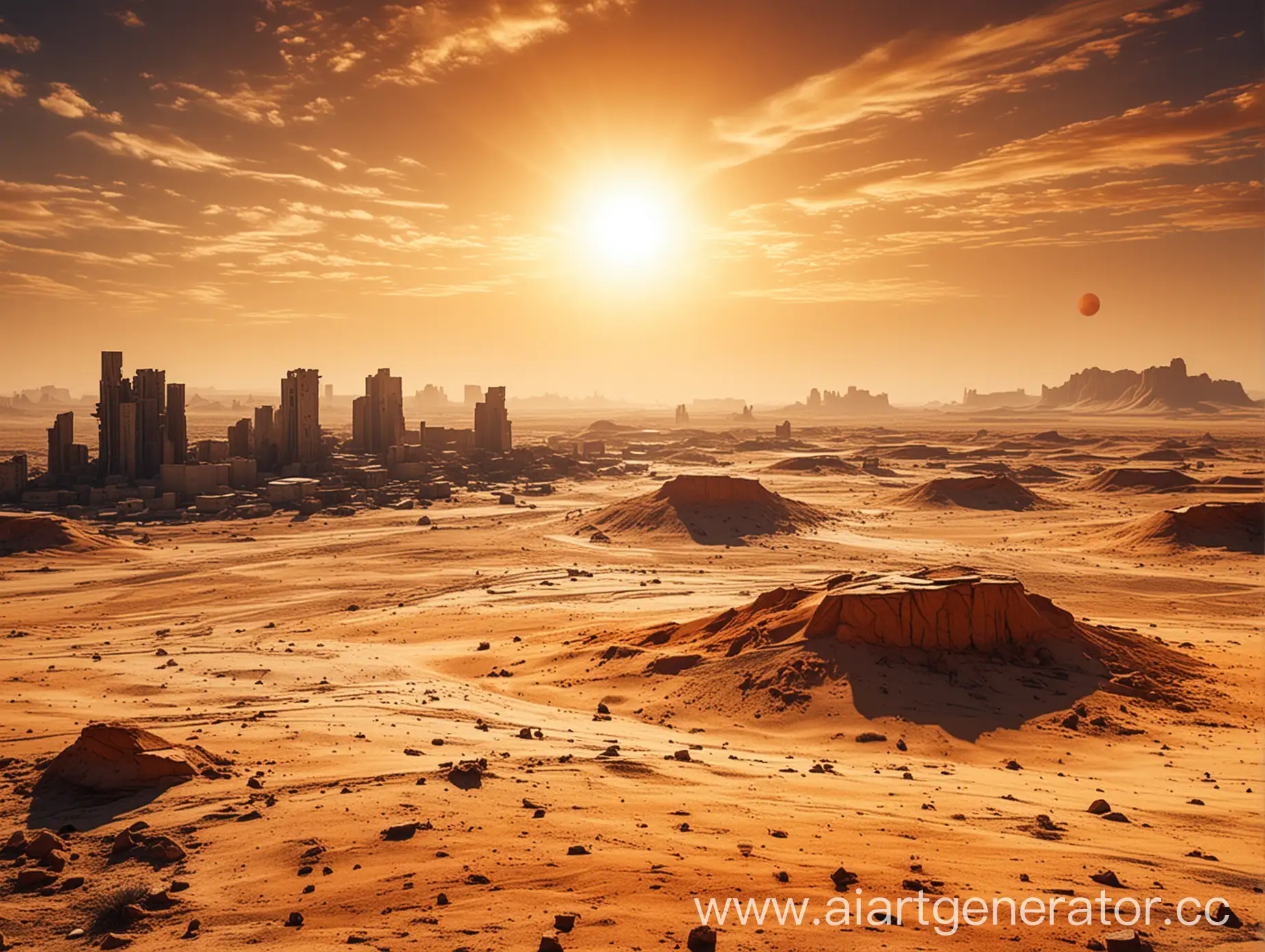 Abandoned-City-in-Orange-Desert-with-Big-Sun