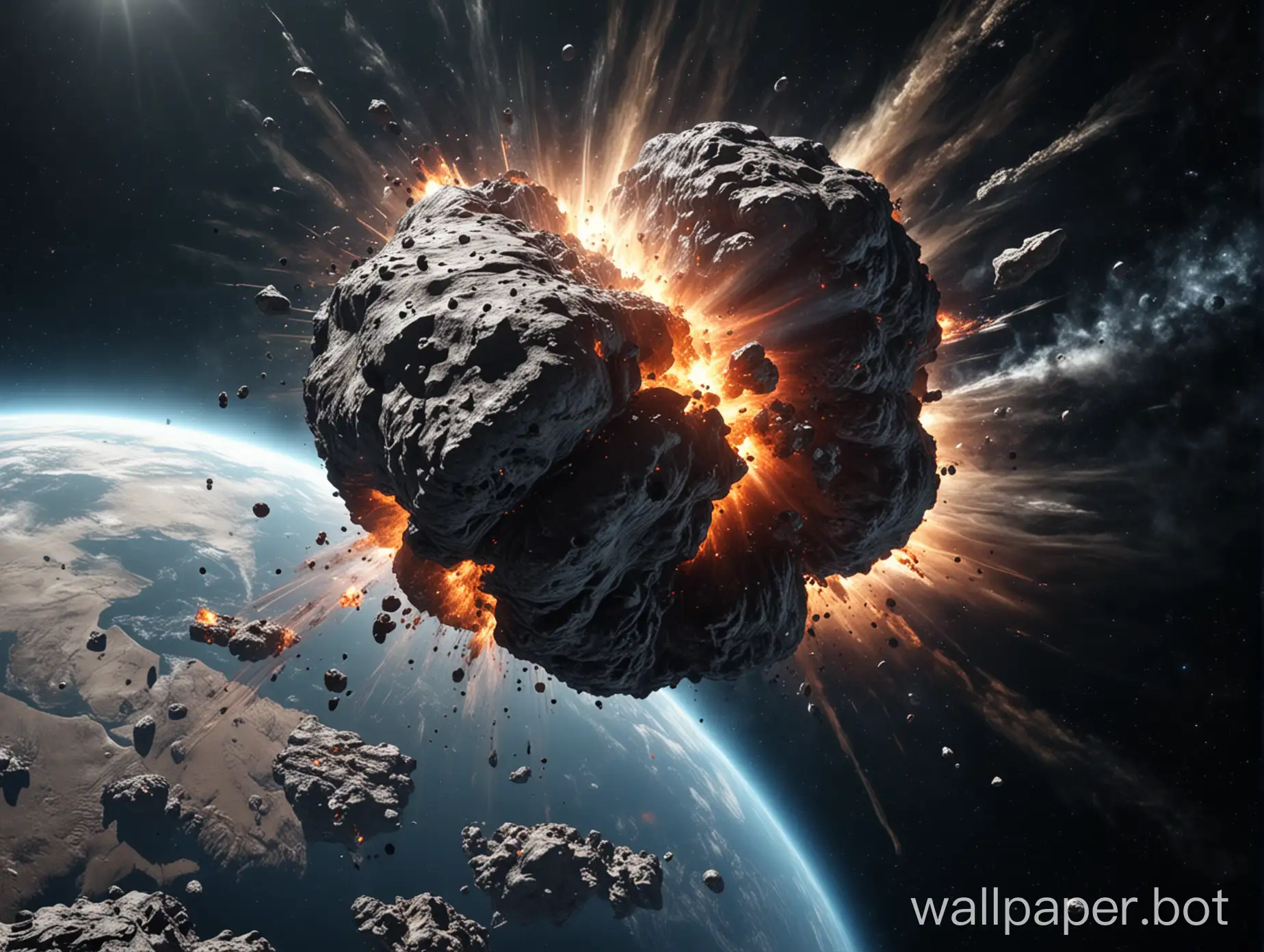 гигантский астероид врезается в землю и раскалывает ее на части, огромный взрыв, вид из космоса с расстояния
