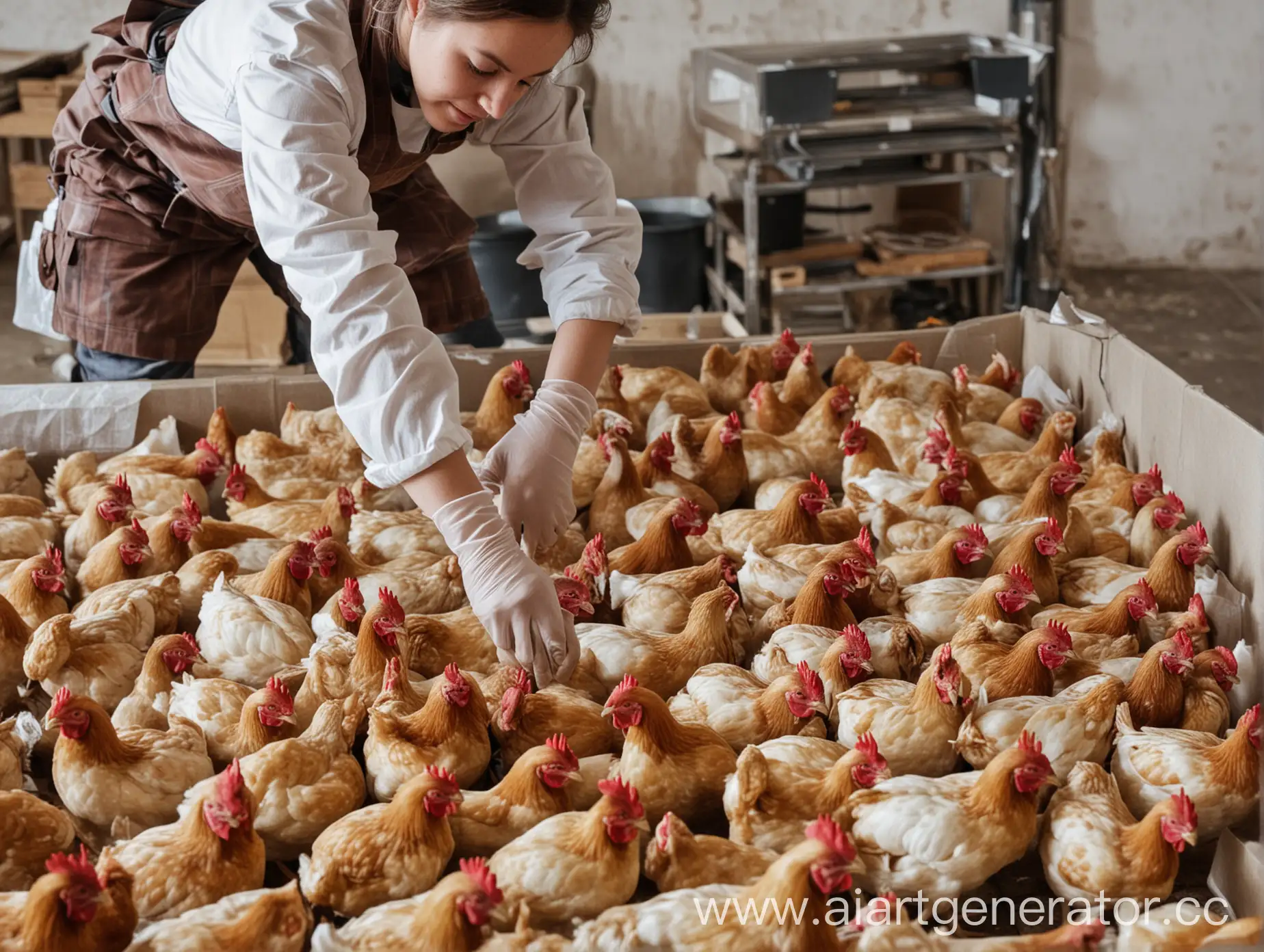 Рабочий и рабочая фасуют куриц,
разделка курицы
