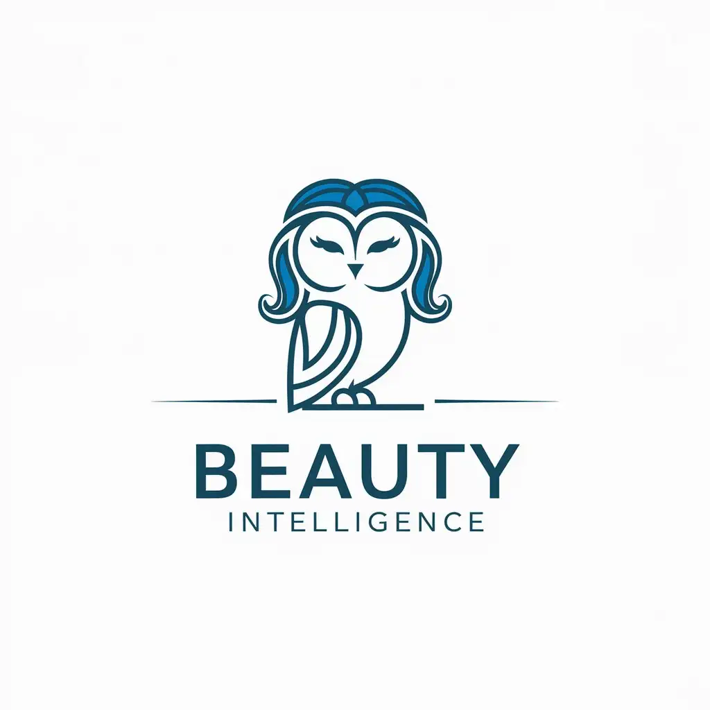 a logo design,with the text "Beauty Intelligence", main symbol:this logo should include a modern minimalist owl icon, with beautiful long curly blue hair like women's hair. Colors blue. must be a background white,Moderate,clear background
