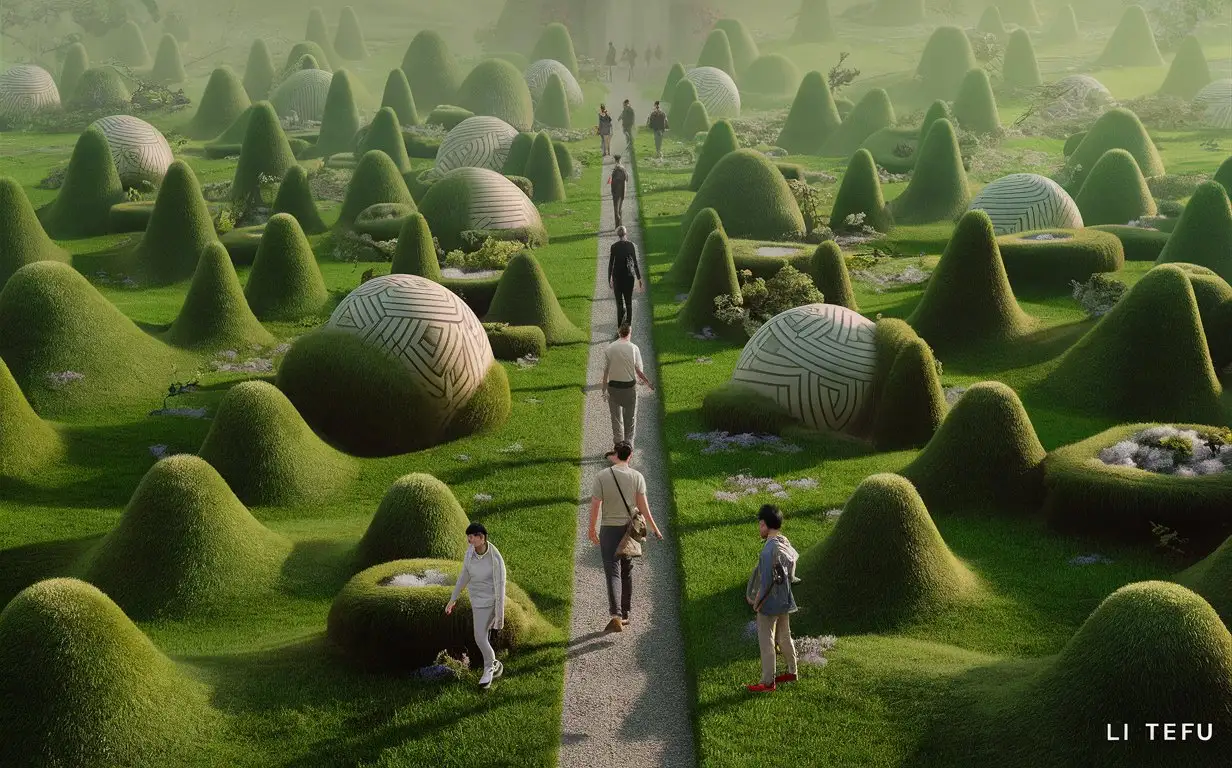 Photos of people walking through the green garden, in Chen Zhen style, surreal 3D landscape, Li Tiefu, pointed mounds, charming landscape, Taiji, spherical shape, high-definition out of the picture