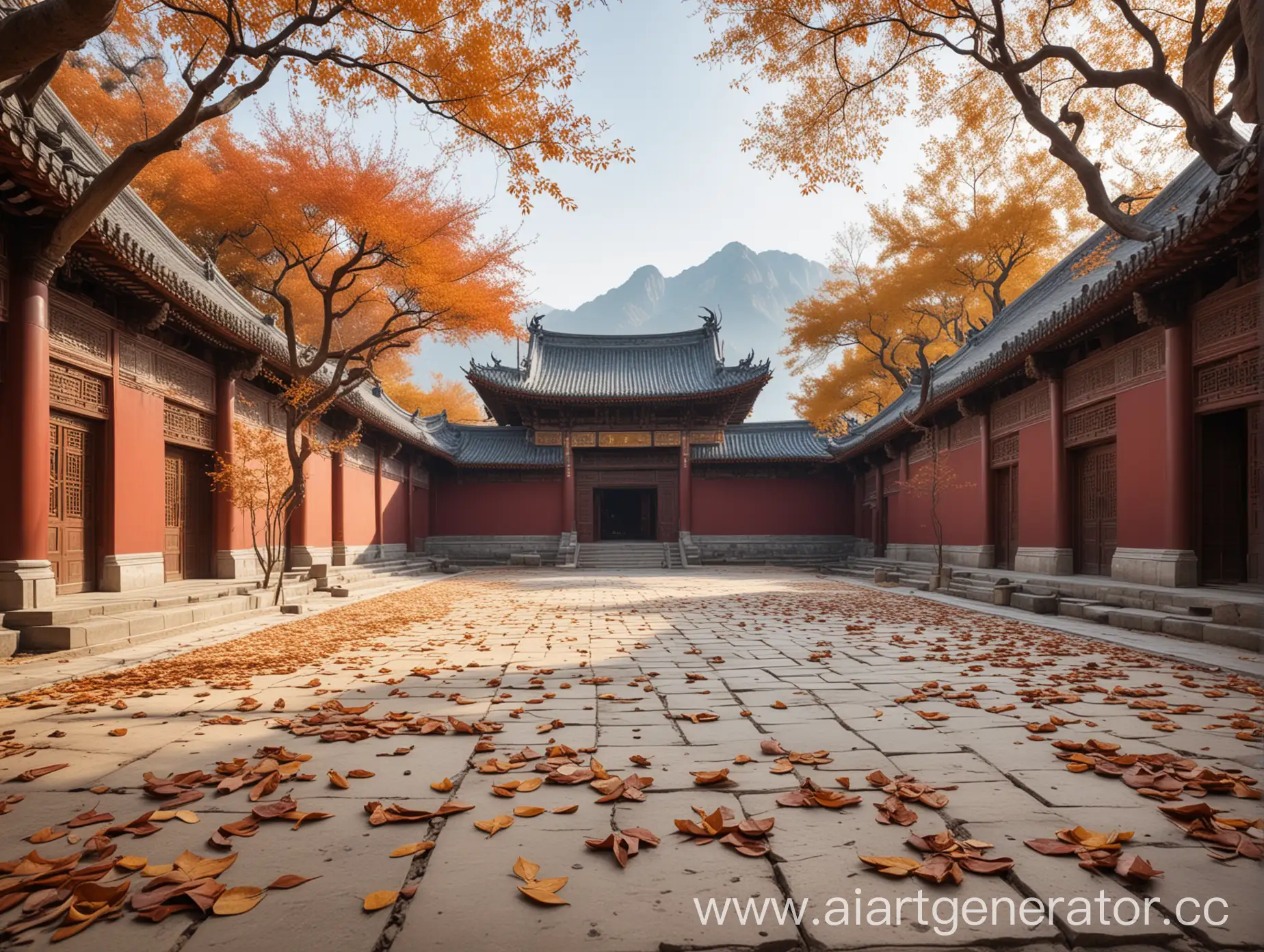 中国古代寺庙庭院，宽阔大景别，正对院门，无人场景，有落叶，景深，远处有山