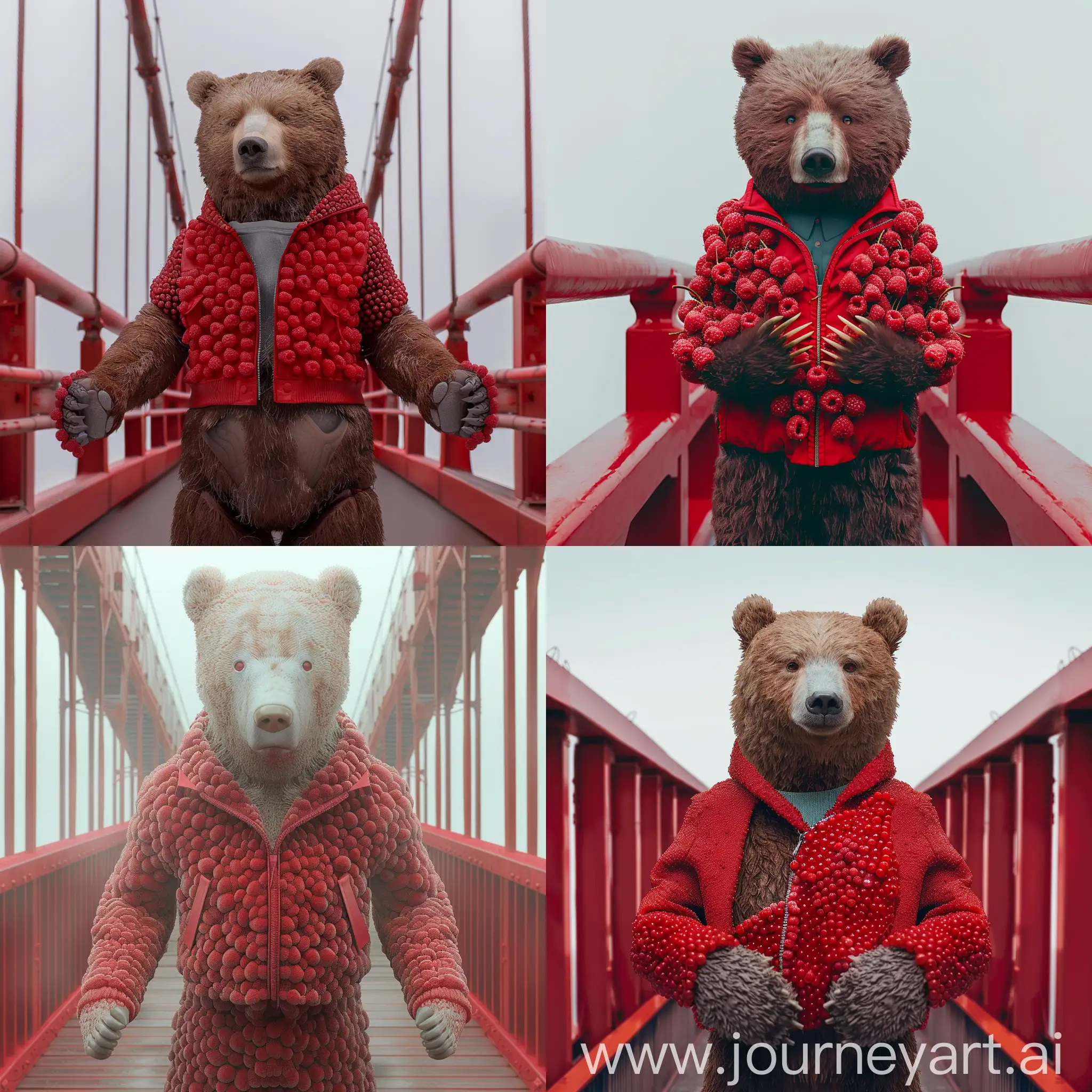portrait of No-Face/Kaonashi in Spirit Away standing on red bridge, in the style of dynamic action scenes, ultra realistic, anime creepy style, The head and paws of a realistic bear. A realistic brown bear wearing a red bomber jacket made of raspberries in a white studio background, fashion editorial photography in the style of hyper realistic