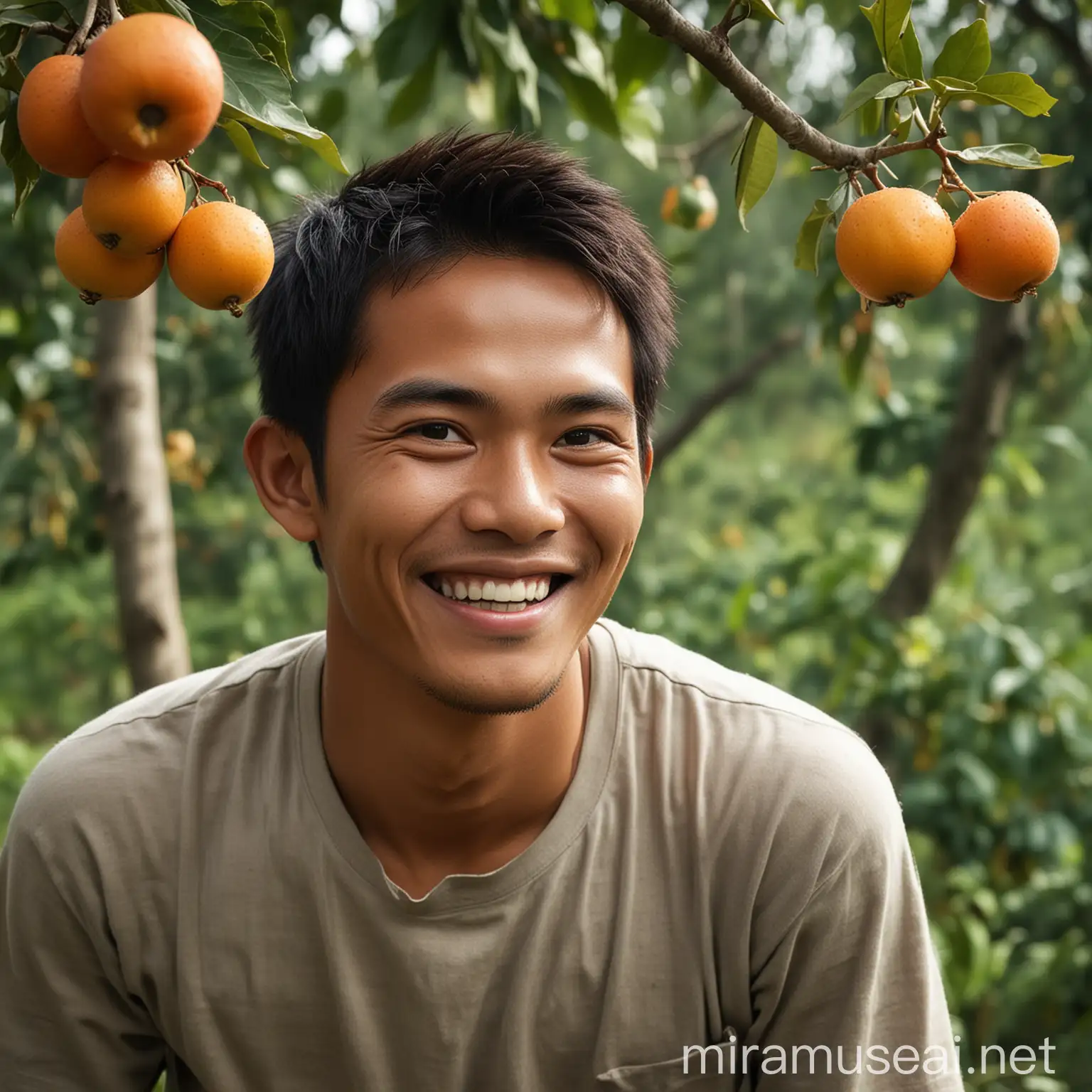 Diluar jangkawan **Seorang pria indonesia tersenyum, umur 25 tahun berambut sebahu, muka tirus, menjangkau dahan rendah untuk memetik buah. Menangkap ekspresi wajah. Tangkap upaya tersebut. Sangat realistis. Detail fotografi. Mentah. Harapan. Suatu saat. Indah. Komposisi yang memuaskan. Rasio 9:16**