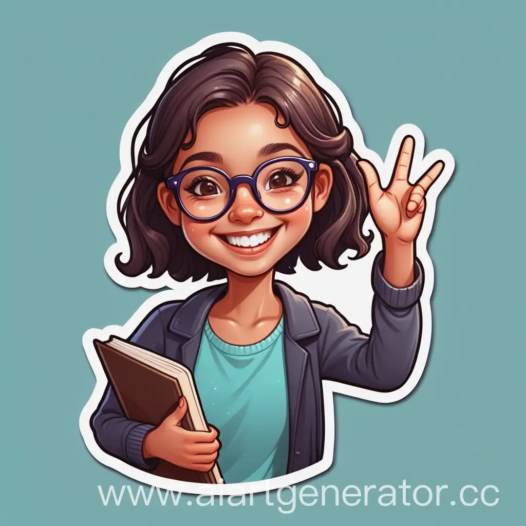 Sticker of a nice girl in glasses smiling and waving a book