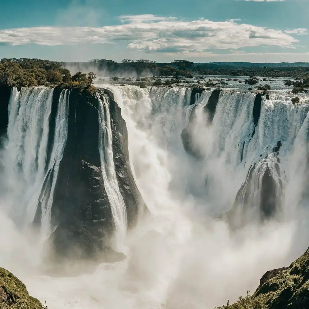 The thundering Victoria Falls cascading down a rock face, throwing up a cloud of a 