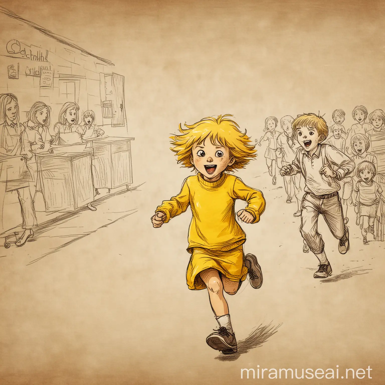 Mischievous Child Escaping Teachers Grasp in Bright Yellow Scene