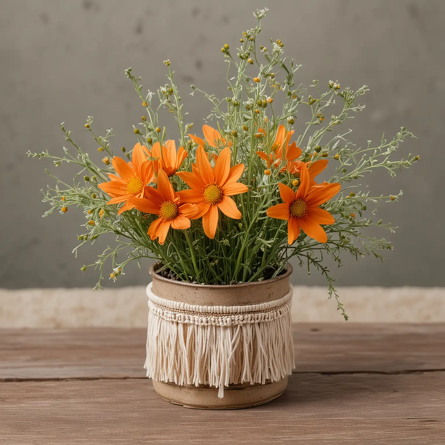 small boho wedding centerpiece with orange wildflowers and a container embellished with fringe; nothing else in photo; keep the background neutral