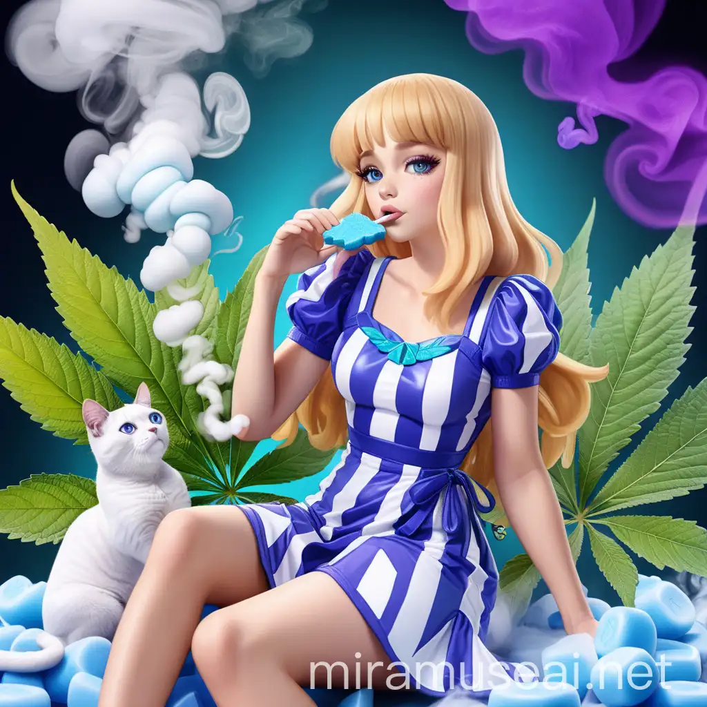 delta 8 gummy package, a woman with blonde hair wearing a blue and white dress is sitting on a marijuana leaf surrounded by smoke, a purple cat is in the background