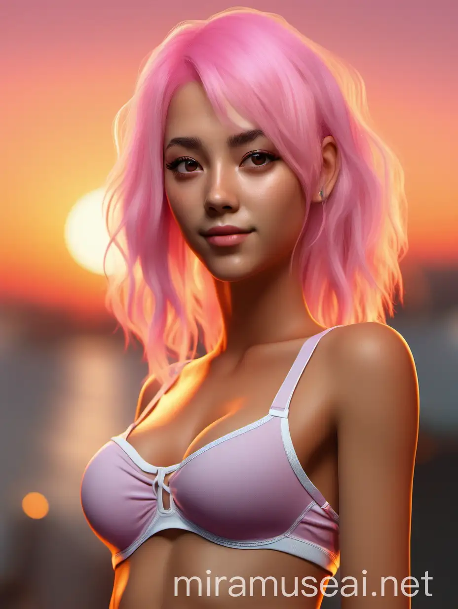 ((medium full shot))),An image of a detailed and realistic girl with light pink hair and beautiful underwear on a sunset background. She has attractive facial features and an expression that attracts the viewer. Her image is full of warmth and charm, and the image quality is high, with attention to every detail.